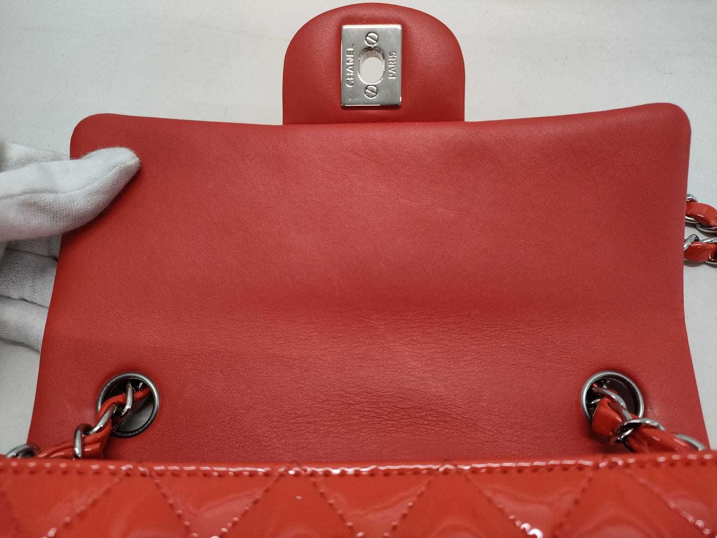 CHANEL Matelasse Enamel Chain Shoulder Bag with Turnlock closure, Orange