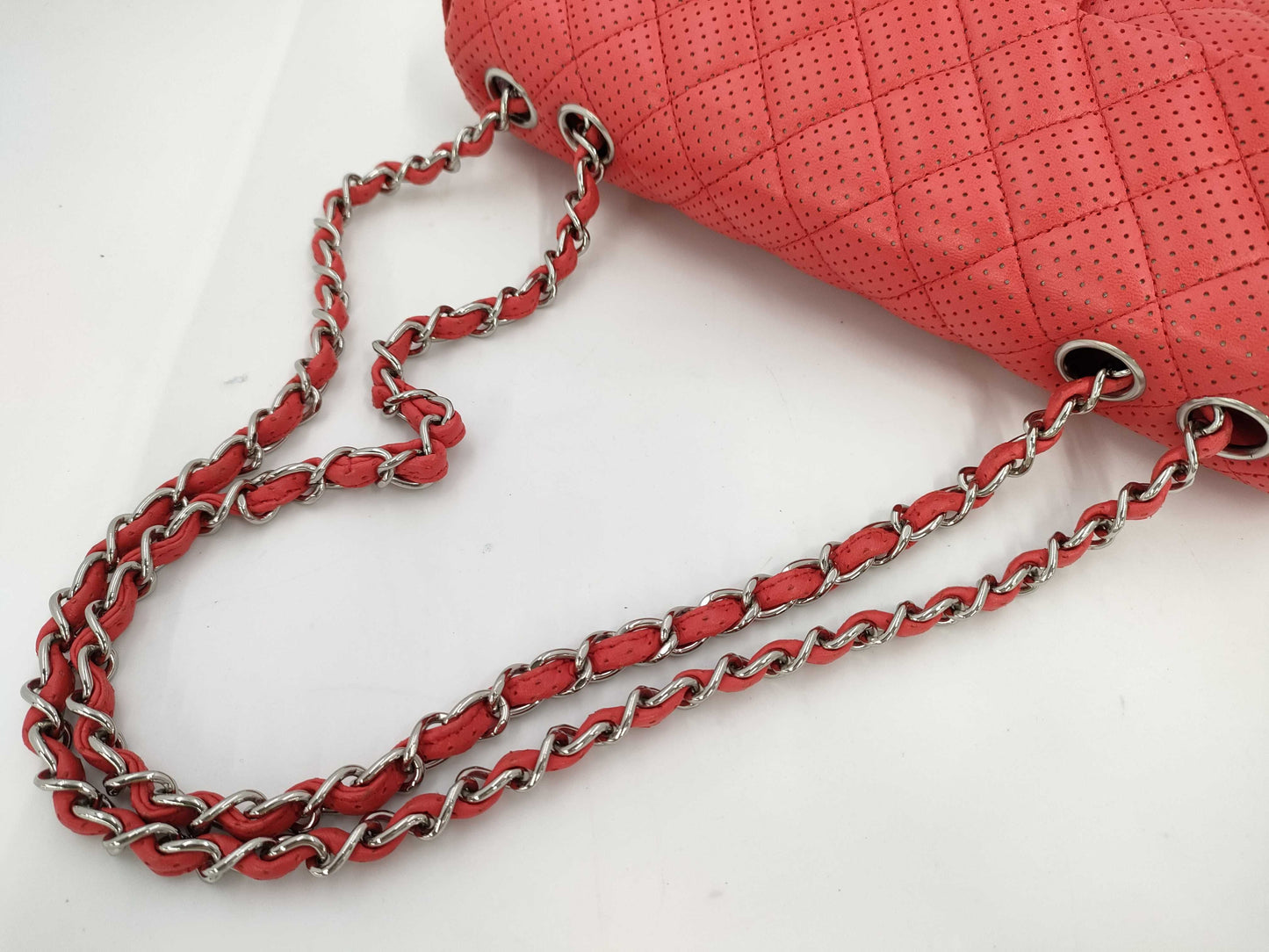 CHANEL Punched Chain Shoulder Bag, Red, 11253789