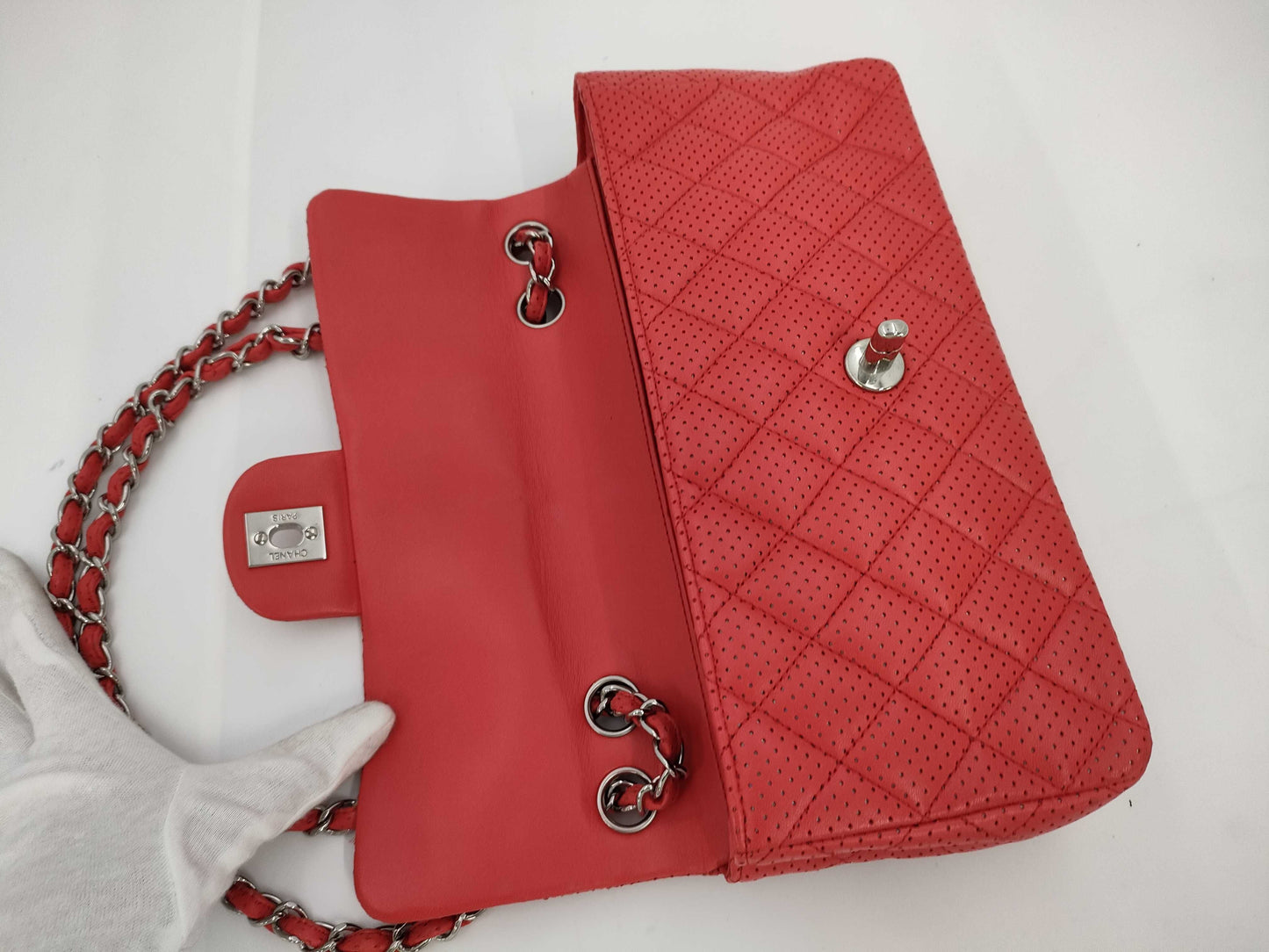 CHANEL Punched Chain Shoulder Bag, Red, 11253789