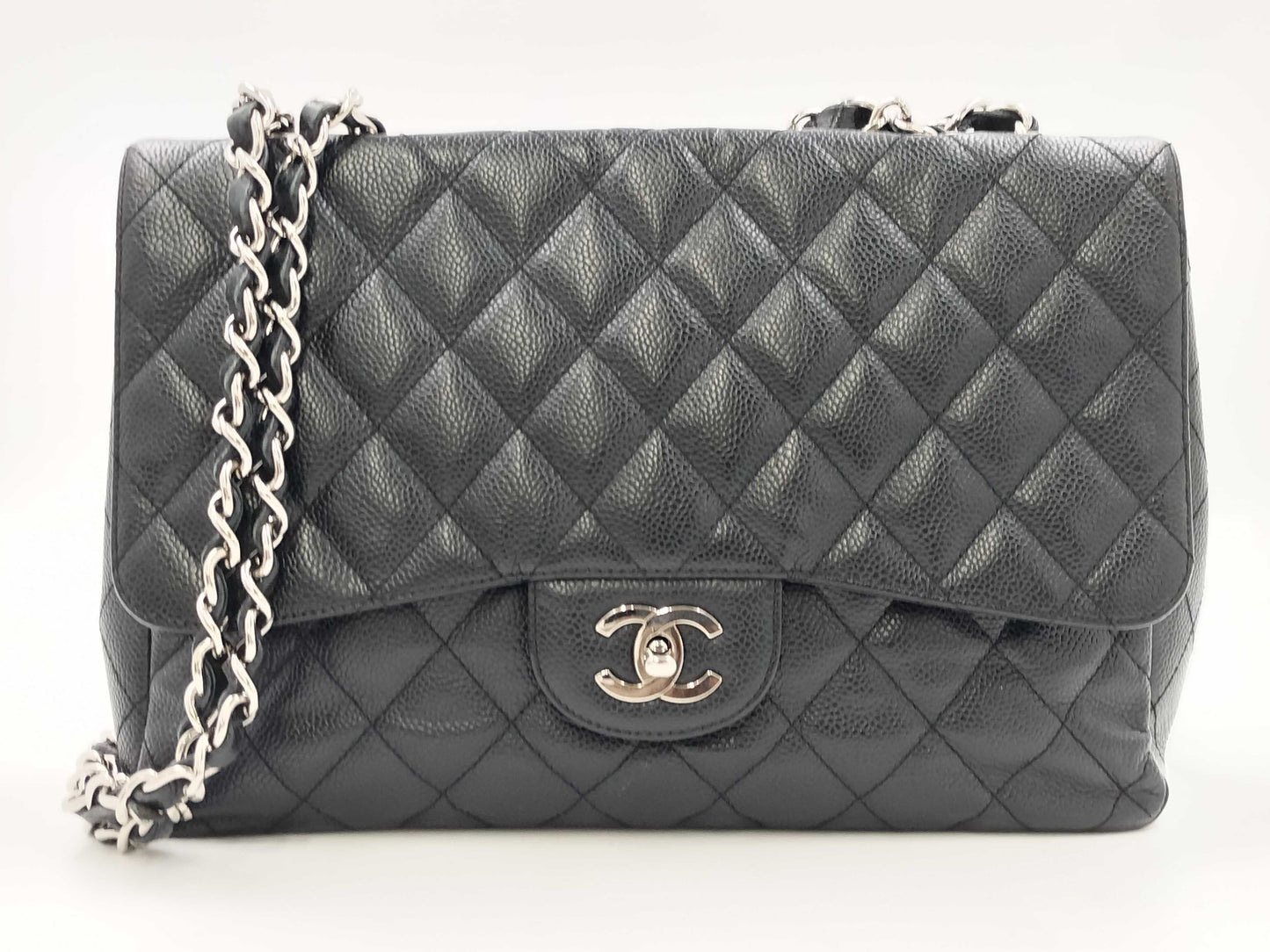 CHANEL Deca Matelasse Chain Shoulder Bag in Black Caviar Leather
