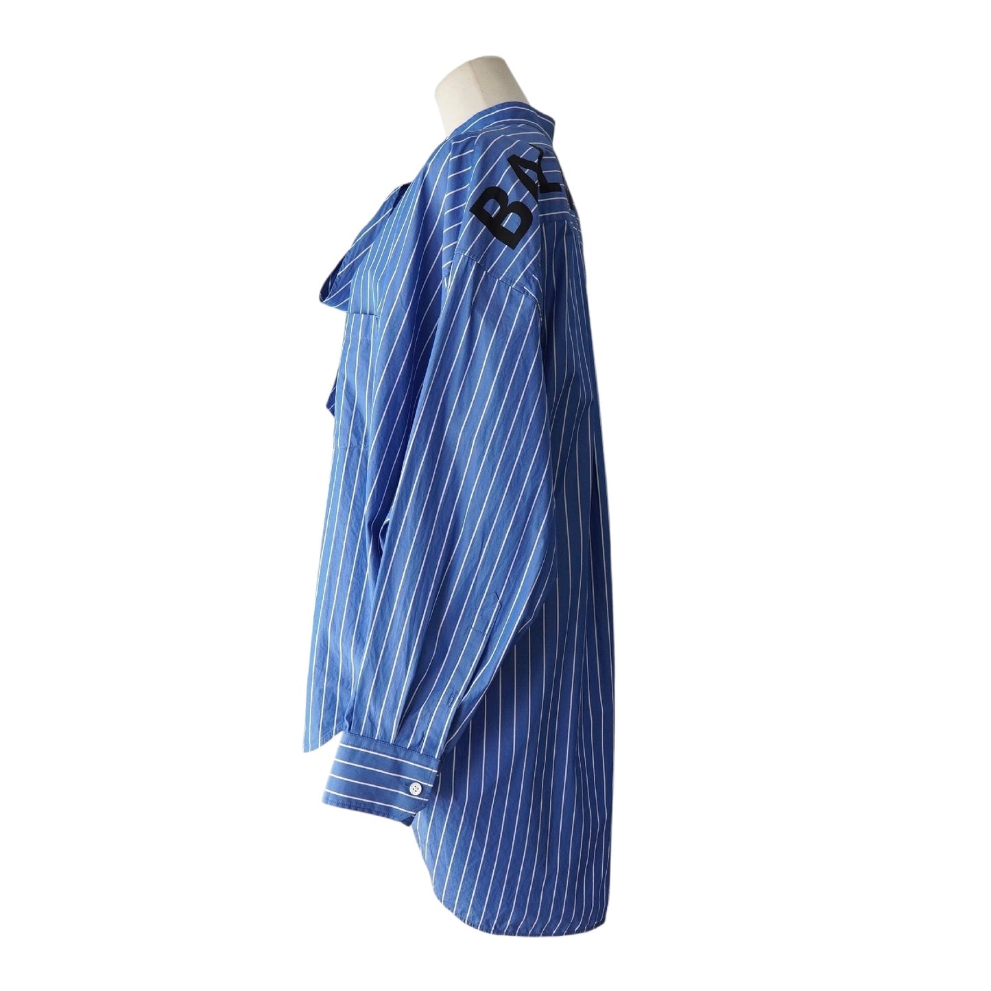 BALENCIAGA Women's Blue Oversized Long Sleeve Shirt with Ribbon Tie, Back Logo, and Stripes