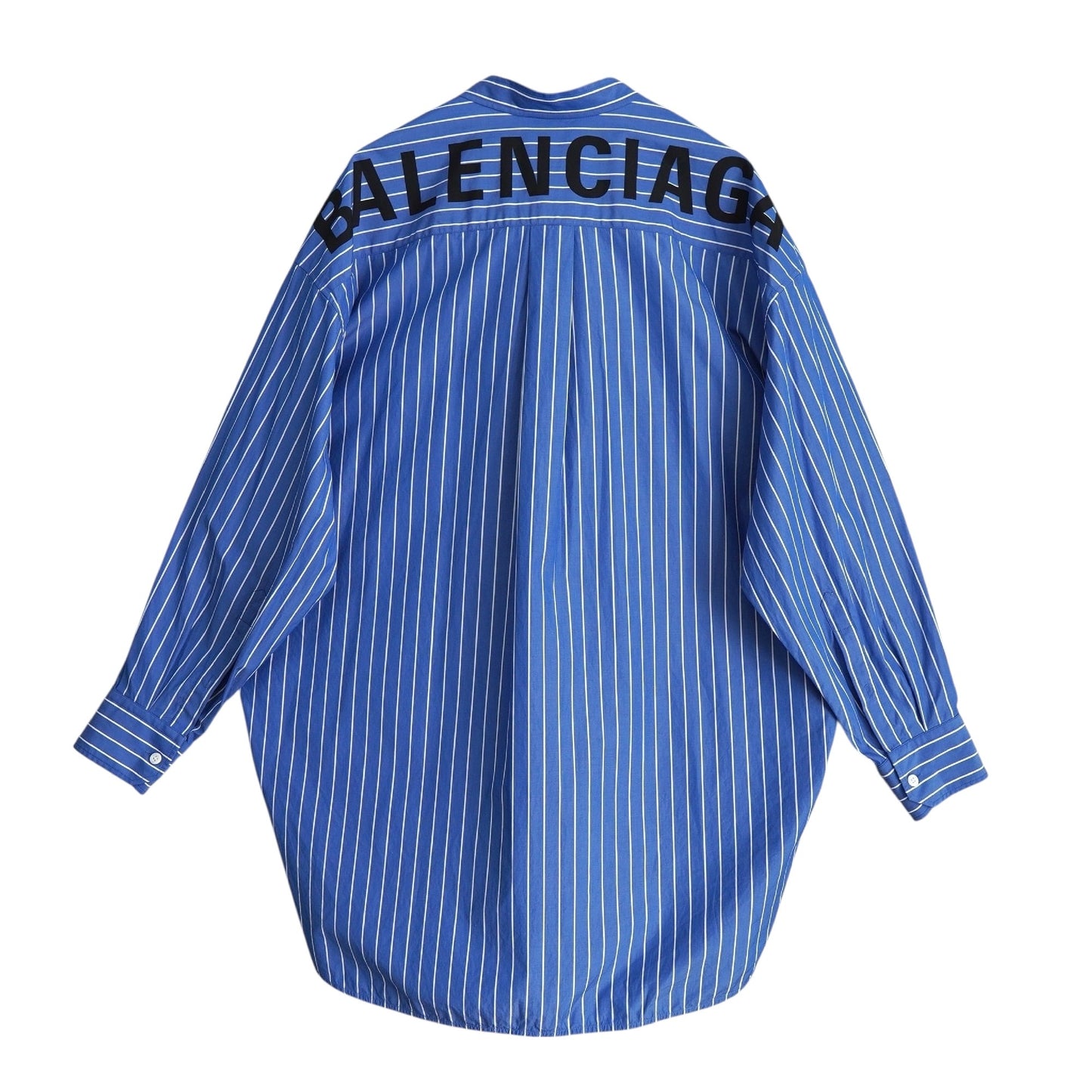 BALENCIAGA Women's Blue Oversized Long Sleeve Shirt with Ribbon Tie, Back Logo, and Stripes