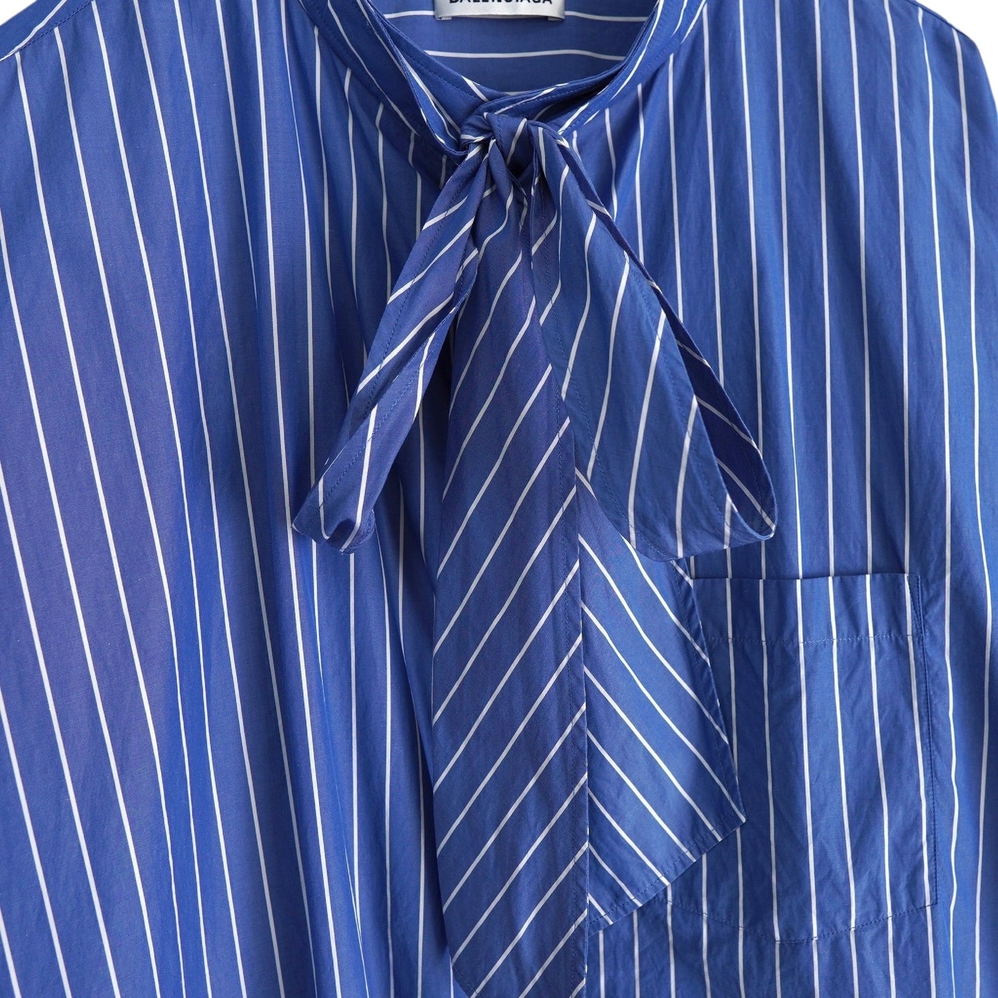 BALENCIAGA Women's Blue Oversized Long Sleeve Shirt with Ribbon Tie, Back Logo, and Stripes
