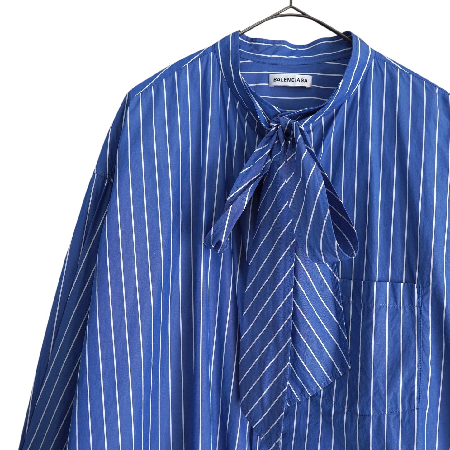 BALENCIAGA Women's Blue Oversized Long Sleeve Shirt with Ribbon Tie, Back Logo, and Stripes
