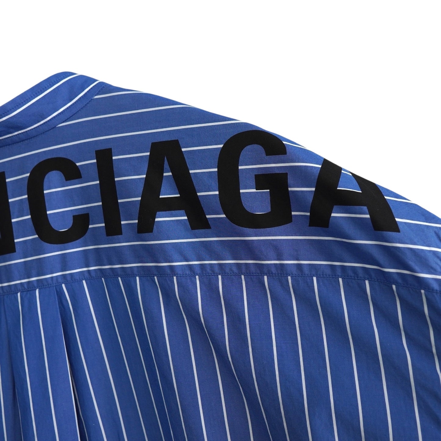 BALENCIAGA Women's Blue Oversized Long Sleeve Shirt with Ribbon Tie, Back Logo, and Stripes