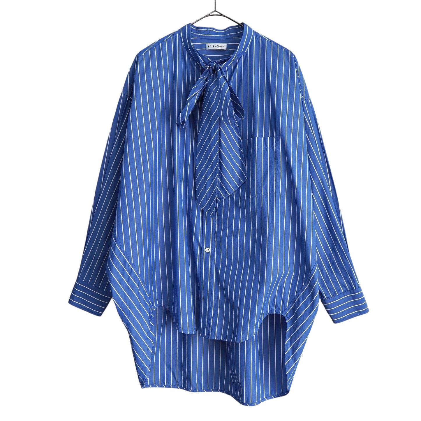 BALENCIAGA Women's Blue Oversized Long Sleeve Shirt with Ribbon Tie, Back Logo, and Stripes