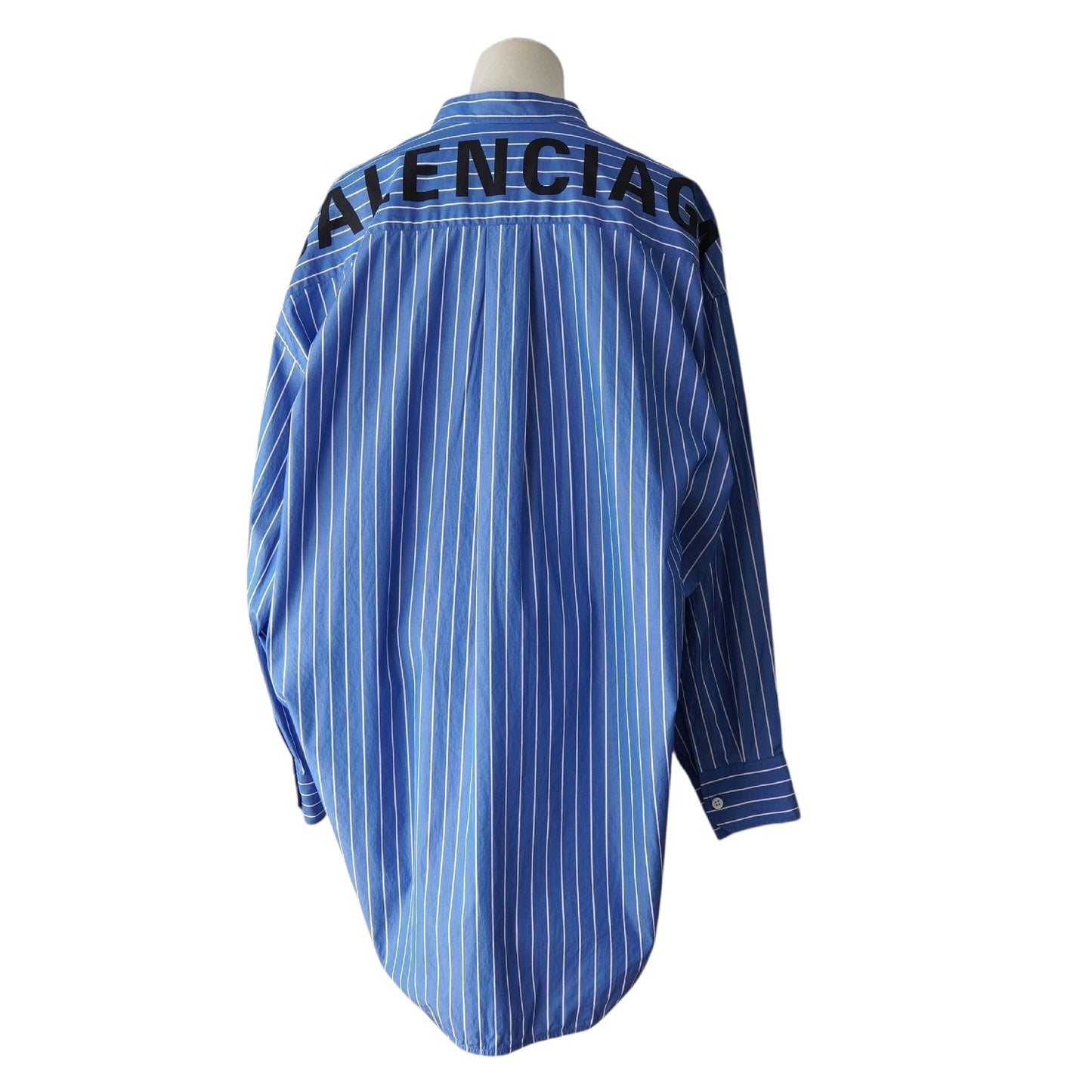 BALENCIAGA Women's Blue Oversized Long Sleeve Shirt with Ribbon Tie, Back Logo, and Stripes