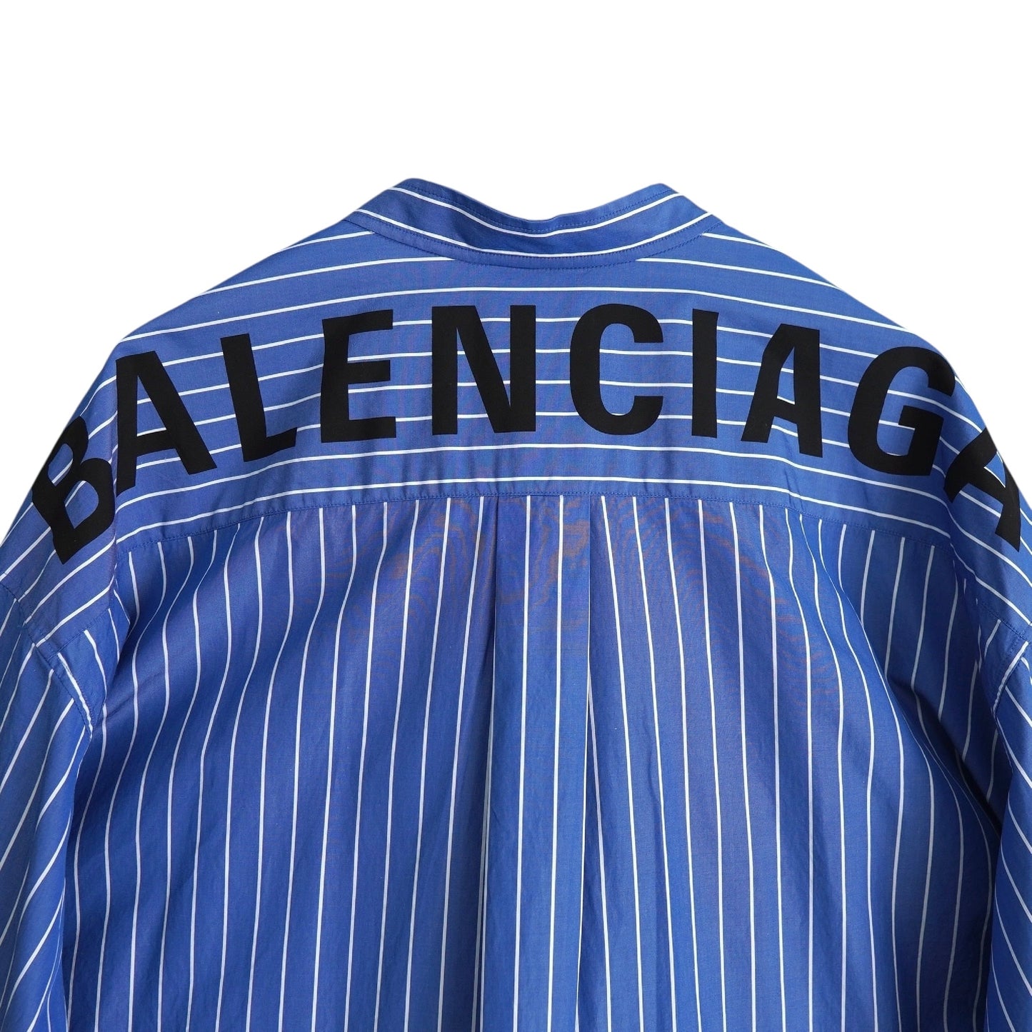BALENCIAGA Women's Blue Oversized Long Sleeve Shirt with Ribbon Tie, Back Logo, and Stripes