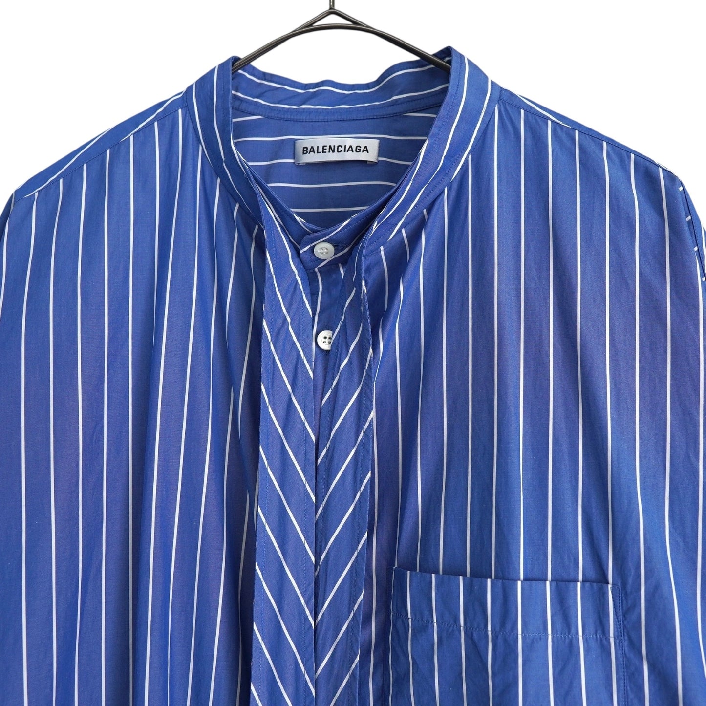 BALENCIAGA Women's Blue Oversized Long Sleeve Shirt with Ribbon Tie, Back Logo, and Stripes