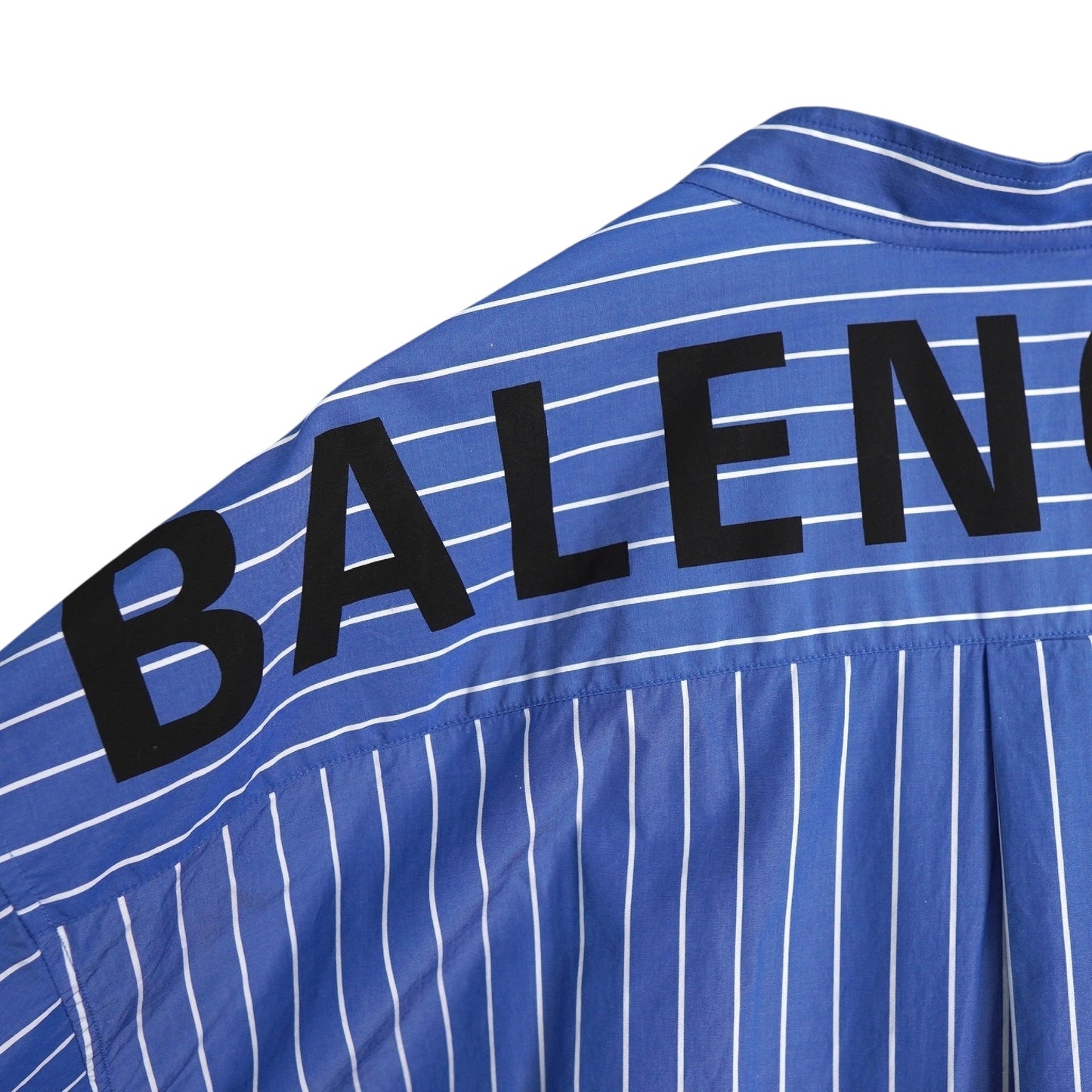 BALENCIAGA Women's Blue Oversized Long Sleeve Shirt with Ribbon Tie, Back Logo, and Stripes