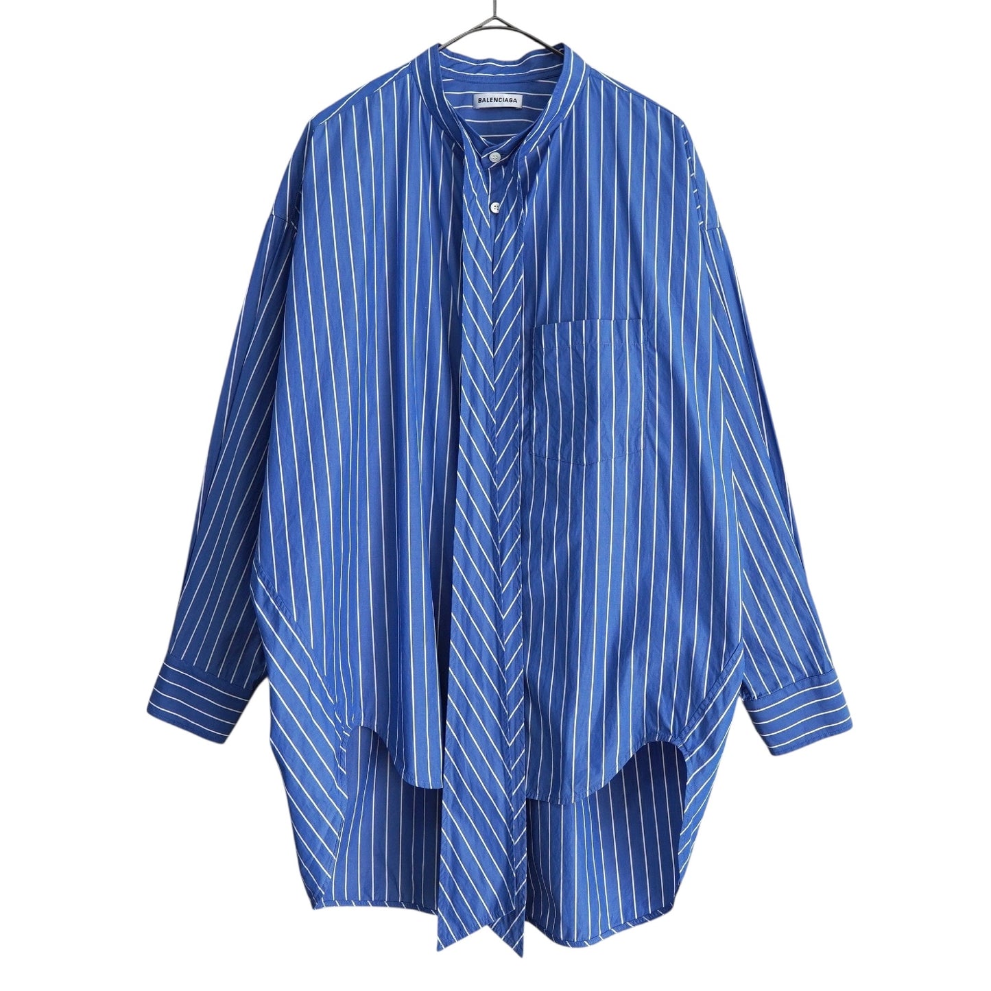 BALENCIAGA Women's Blue Oversized Long Sleeve Shirt with Ribbon Tie, Back Logo, and Stripes