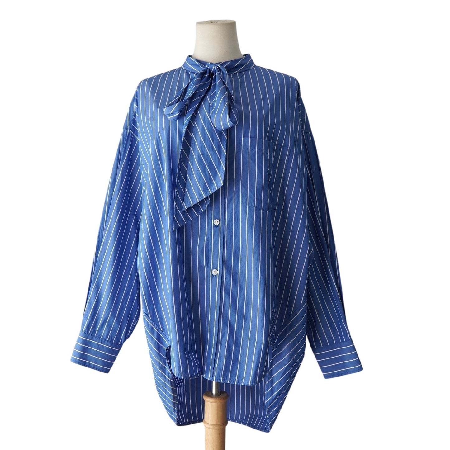 BALENCIAGA Women's Blue Oversized Long Sleeve Shirt with Ribbon Tie, Back Logo, and Stripes