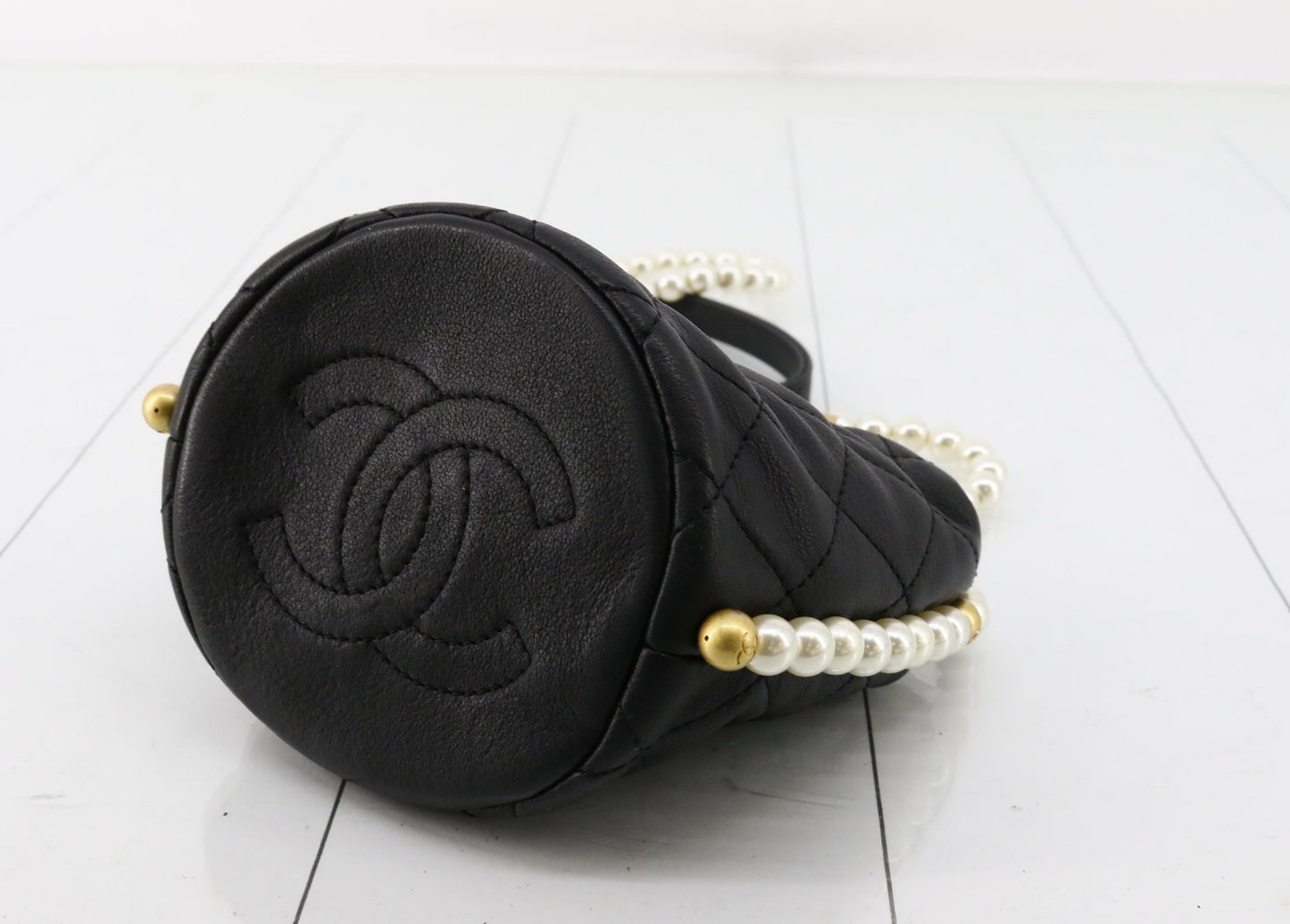 CHANEL Matelasse Black Faux Pearl Drawstring Shoulder Bag, No. 31
