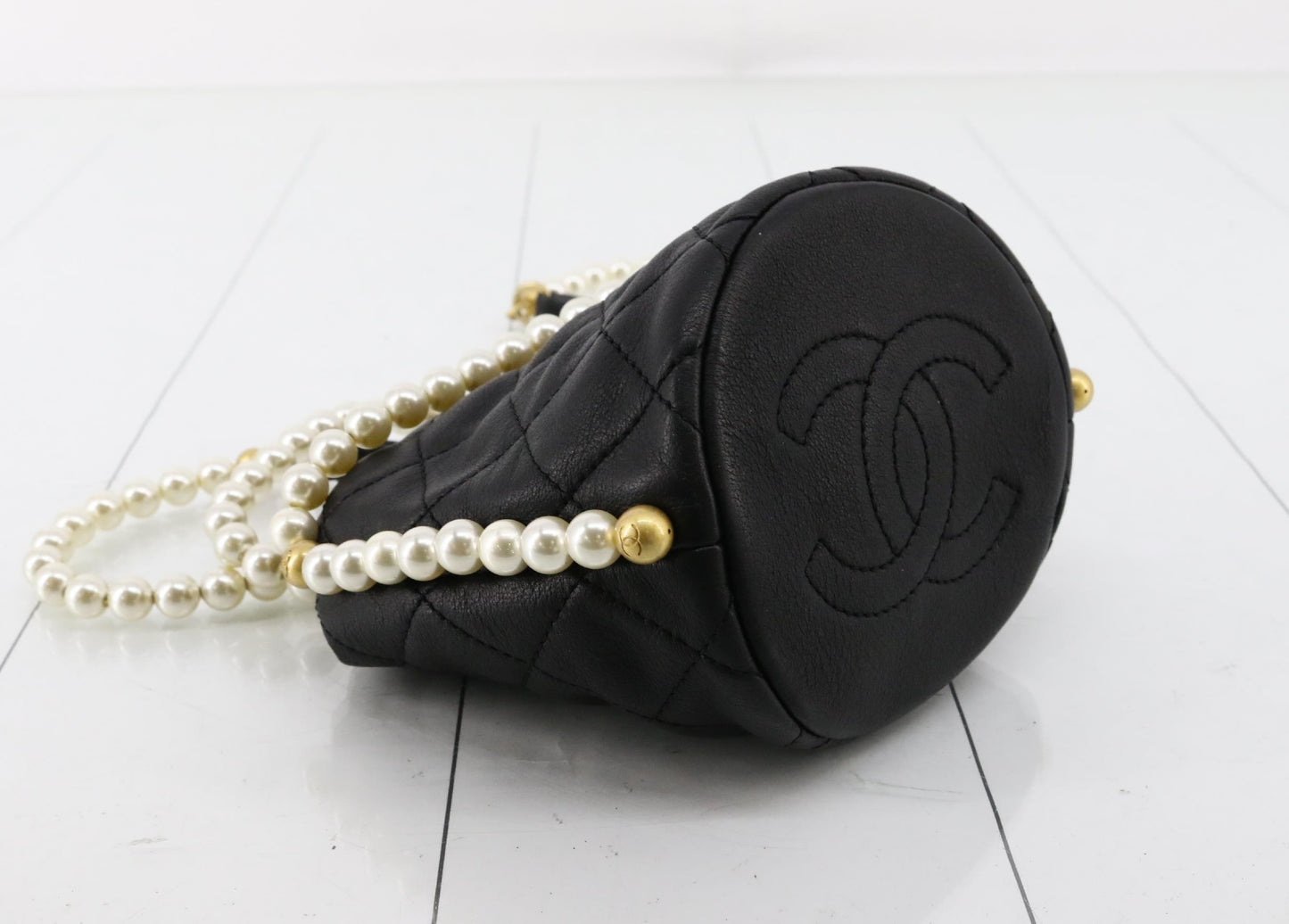 CHANEL Matelasse Black Faux Pearl Drawstring Shoulder Bag, No. 31