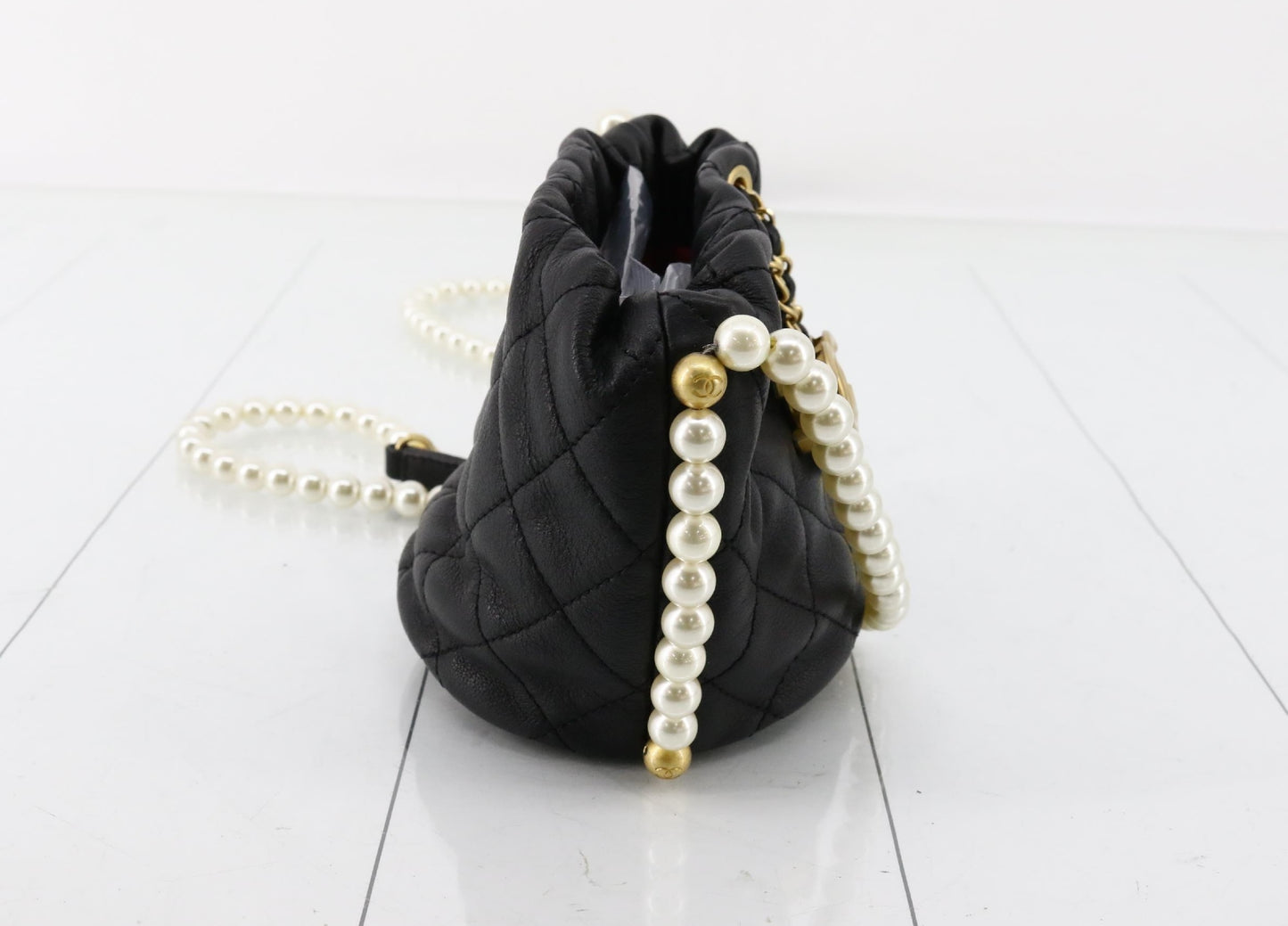 CHANEL Matelasse Black Faux Pearl Drawstring Shoulder Bag, No. 31