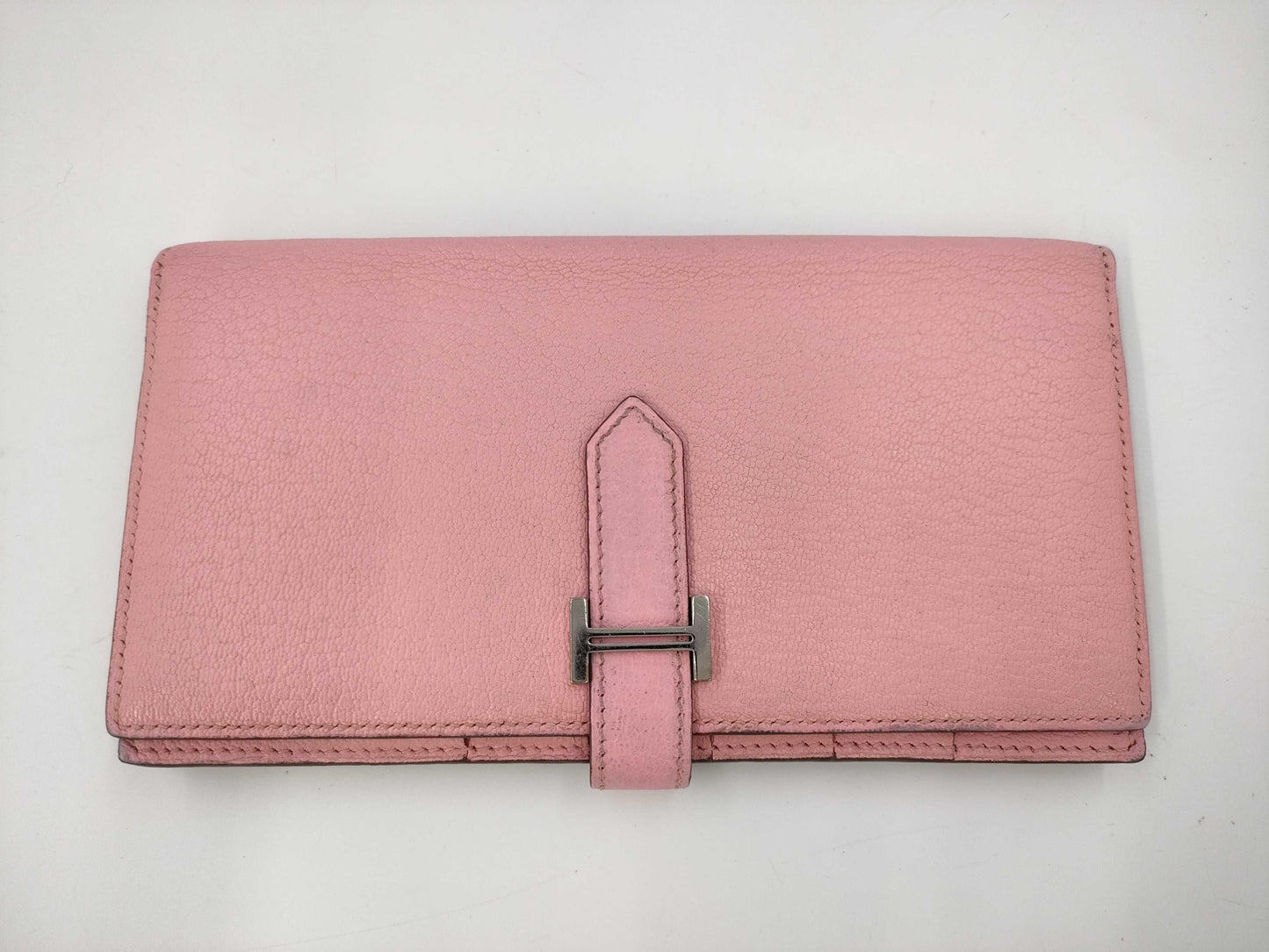 HERMES Bearn Soufflet Chevre Pink □R SV Hardware Wallet
