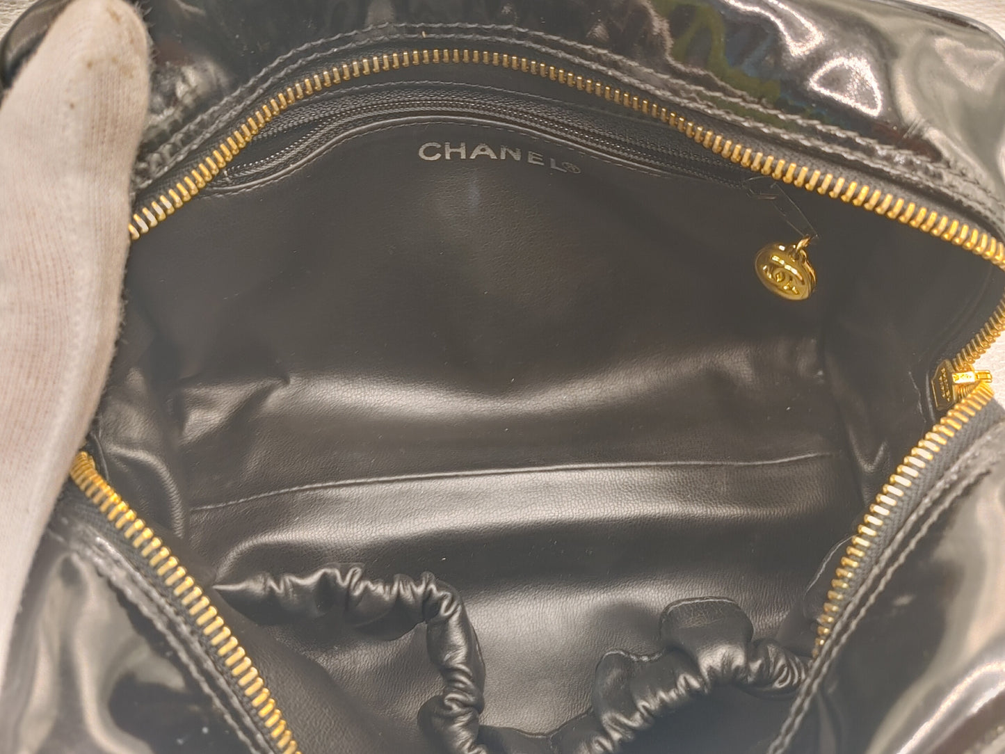 CHANEL Coco Mark Pouch Vanity Bag with Guarantee Card, Patent Leather, Black Vanity Bag