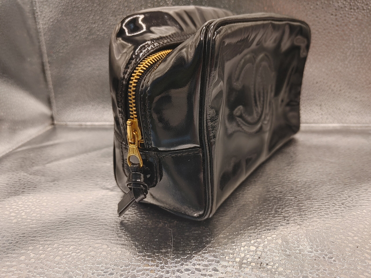 CHANEL Coco Mark Pouch Vanity Bag with Guarantee Card, Patent Leather, Black Vanity Bag