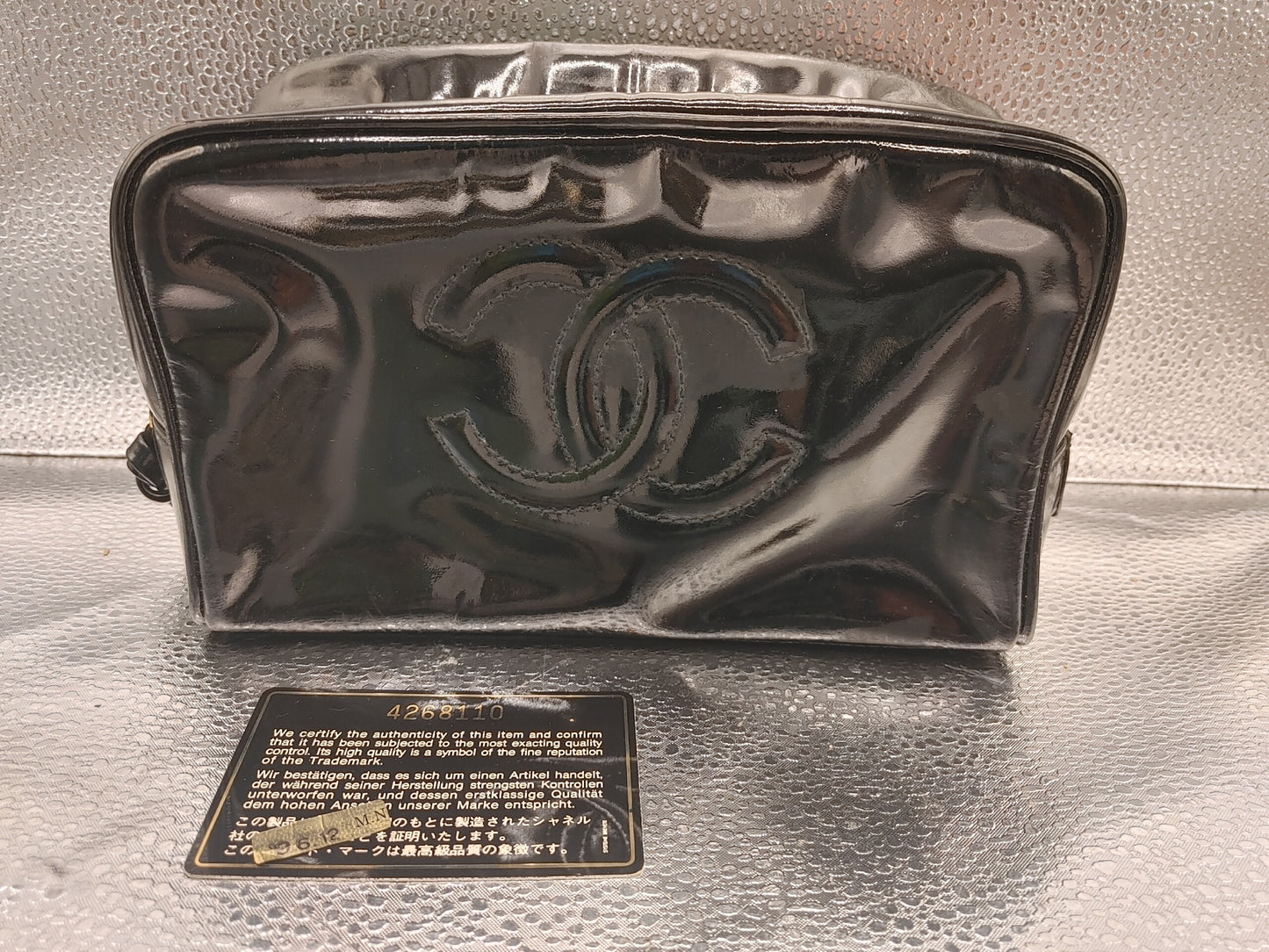 CHANEL Coco Mark Pouch Vanity Bag with Guarantee Card, Patent Leather, Black Vanity Bag