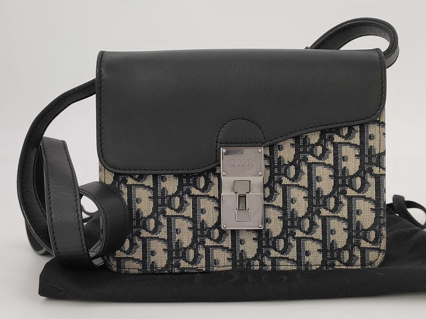 Dior Saddle Shoulder Bag, Oblique Canvas, Blue/Black, Silver Hardware, Dust Bag, Shoulder Bag