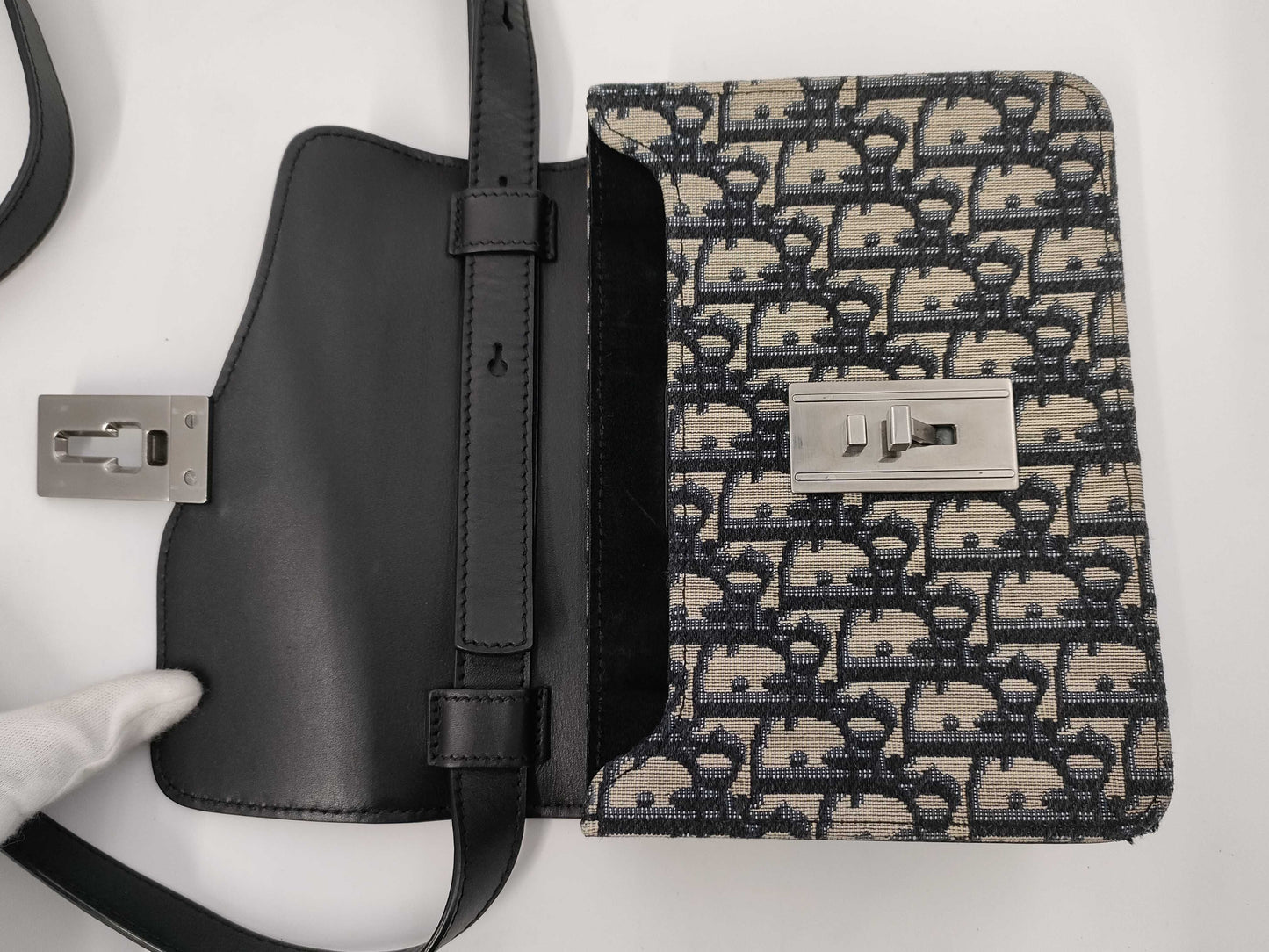 Dior Saddle Shoulder Bag, Oblique Canvas, Blue/Black, Silver Hardware, Dust Bag, Shoulder Bag