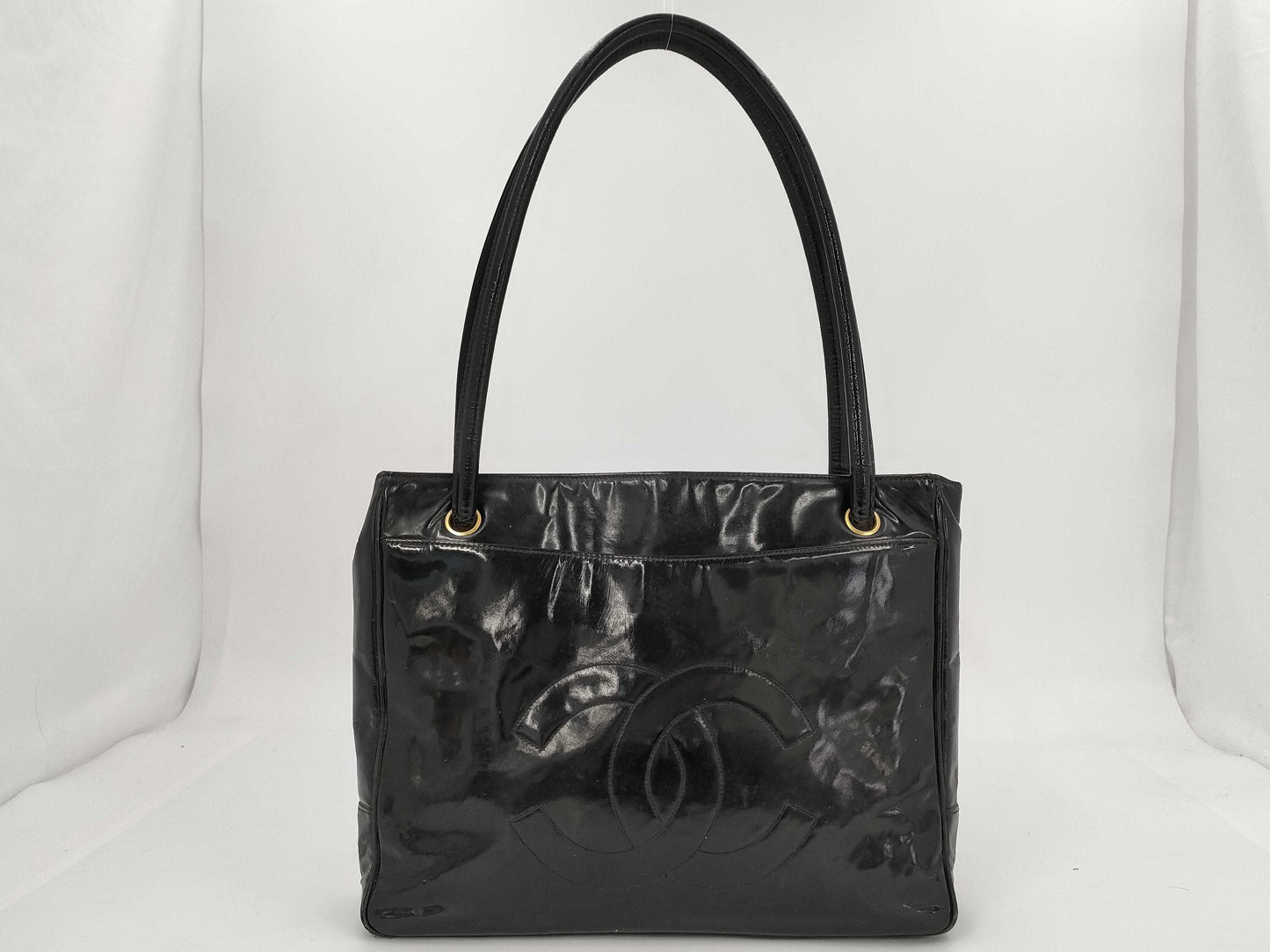 CHANEL Coco Mark Patent Leather Black Gold Hardware Tote Bag