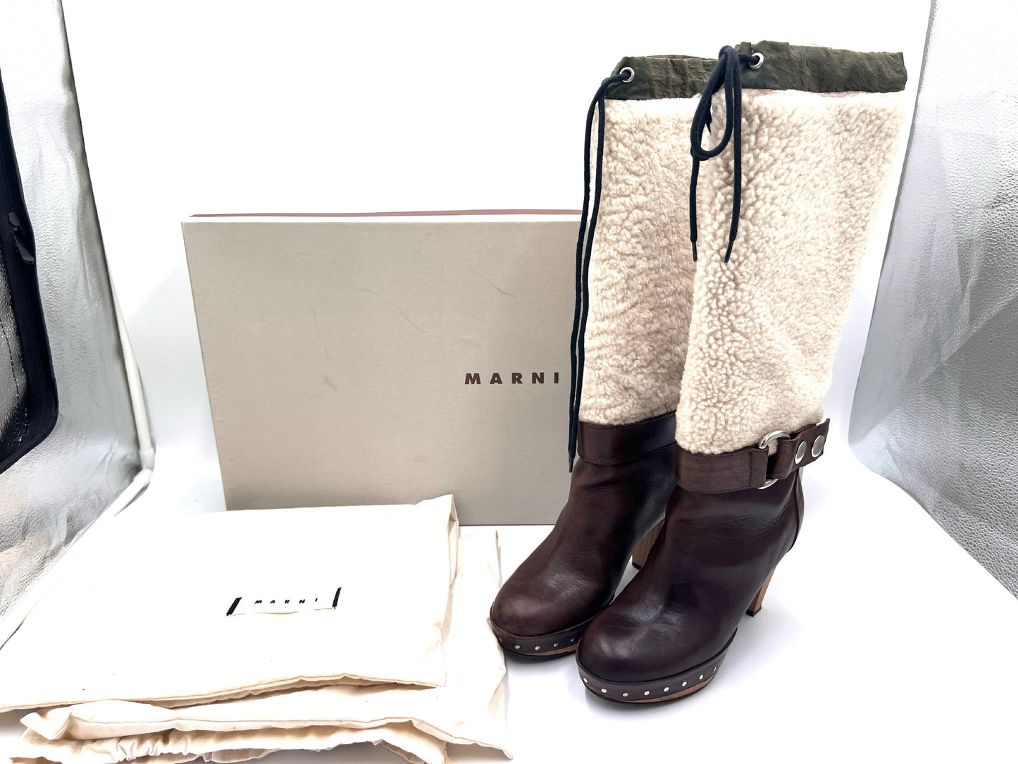 MARUNI Mouton Long Boots, Brown, Size 35, with Storage Bag and Box. Other Shoes.