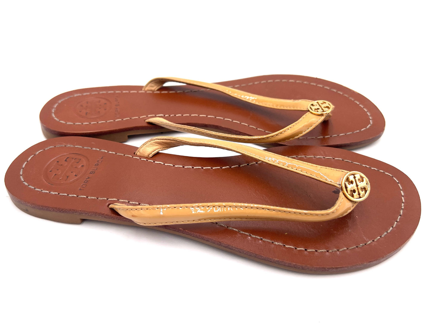 Tory Burch Gold Logo Thong Sandals, Brown, 6M