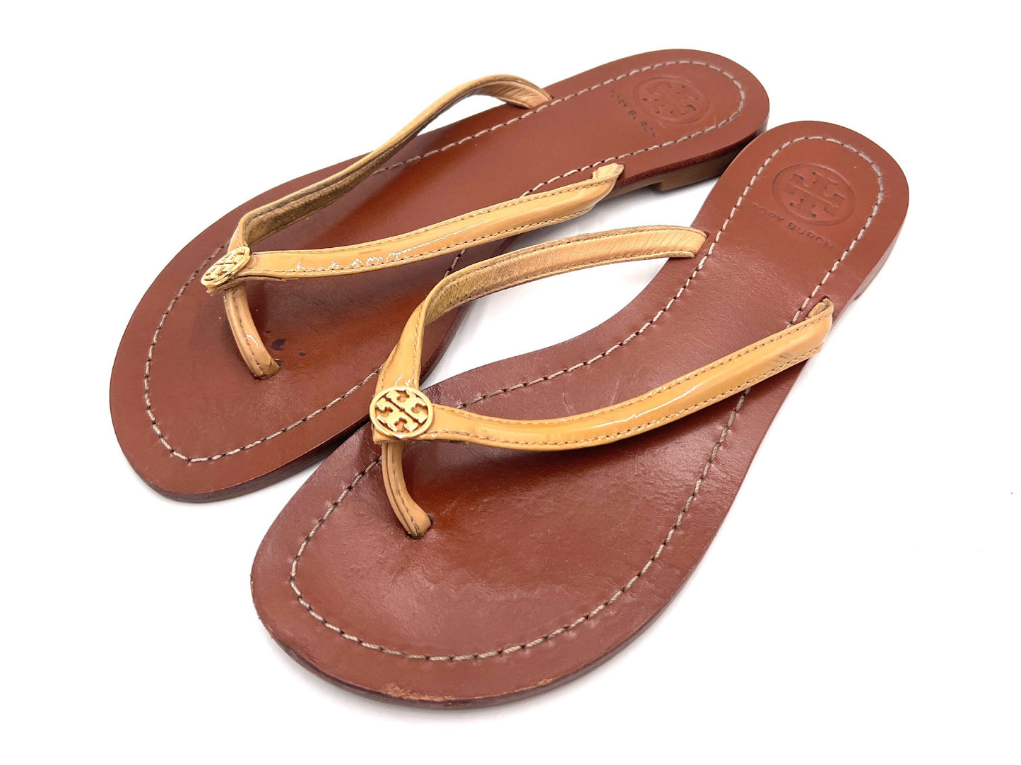 Tory Burch Gold Logo Thong Sandals, Brown, 6M