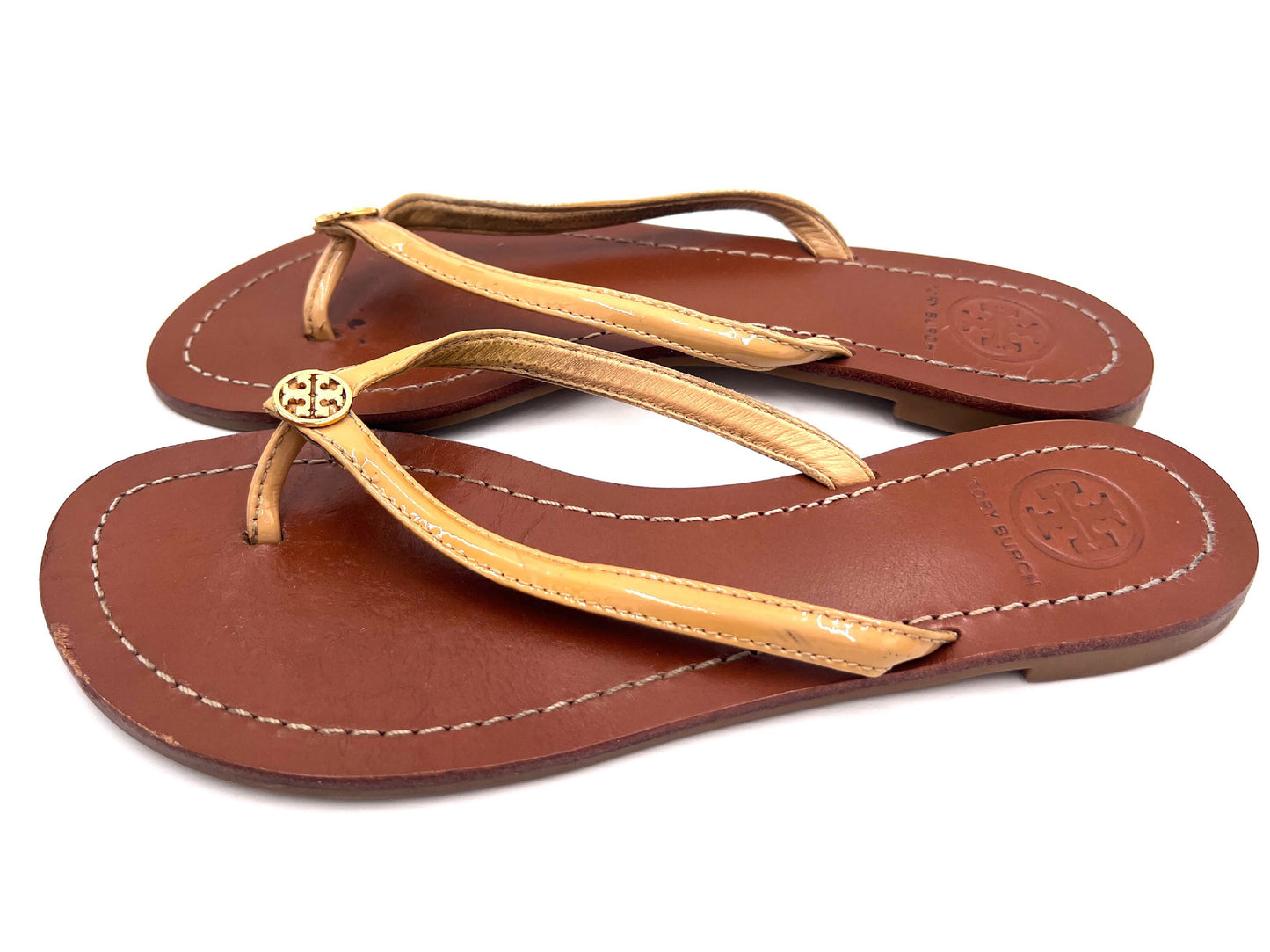 Tory Burch Gold Logo Thong Sandals, Brown, 6M