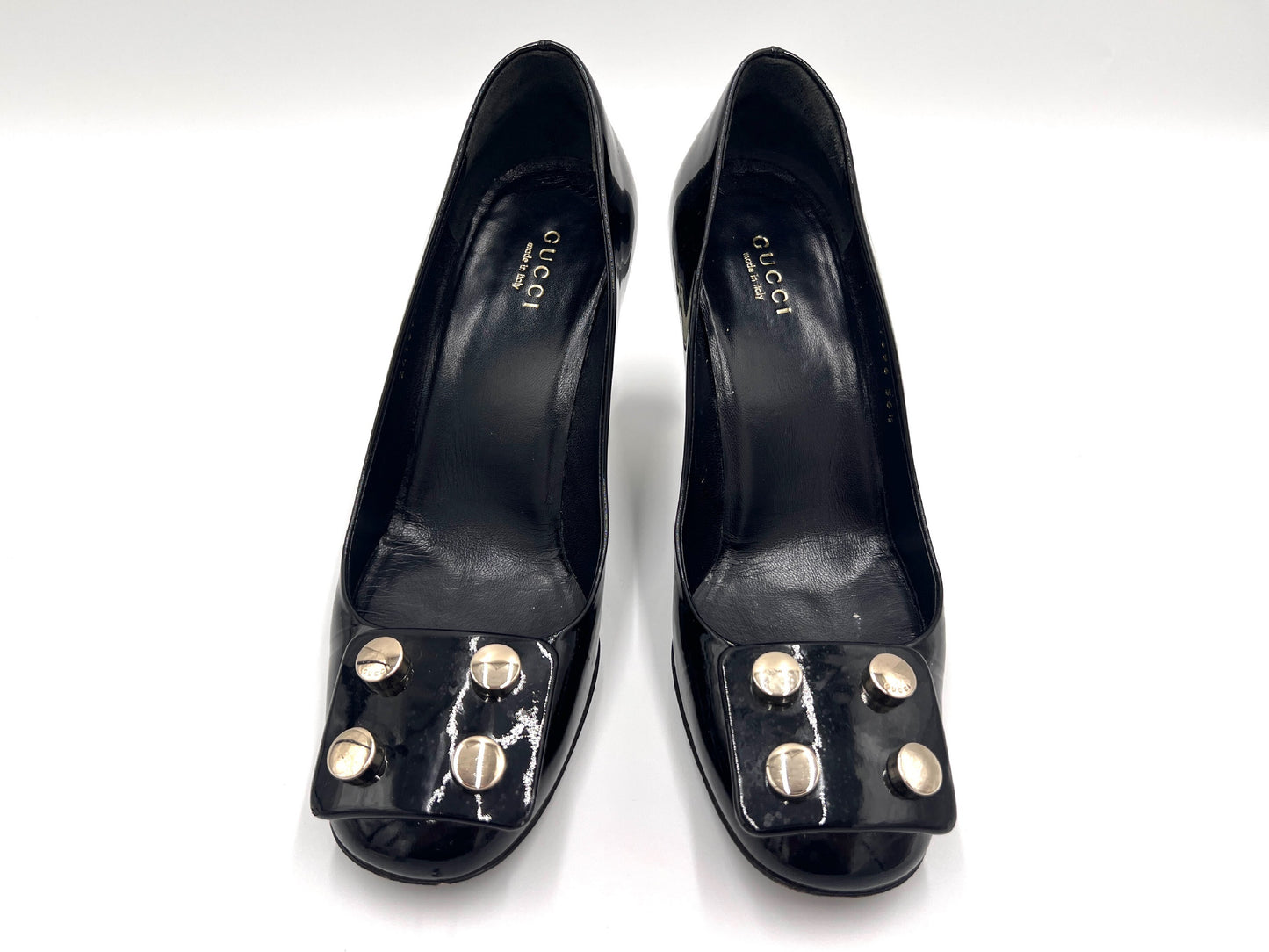 GUCCI 247696 Studded Chunky Heel Patent Leather Pumps in Black, Size 36 1/2