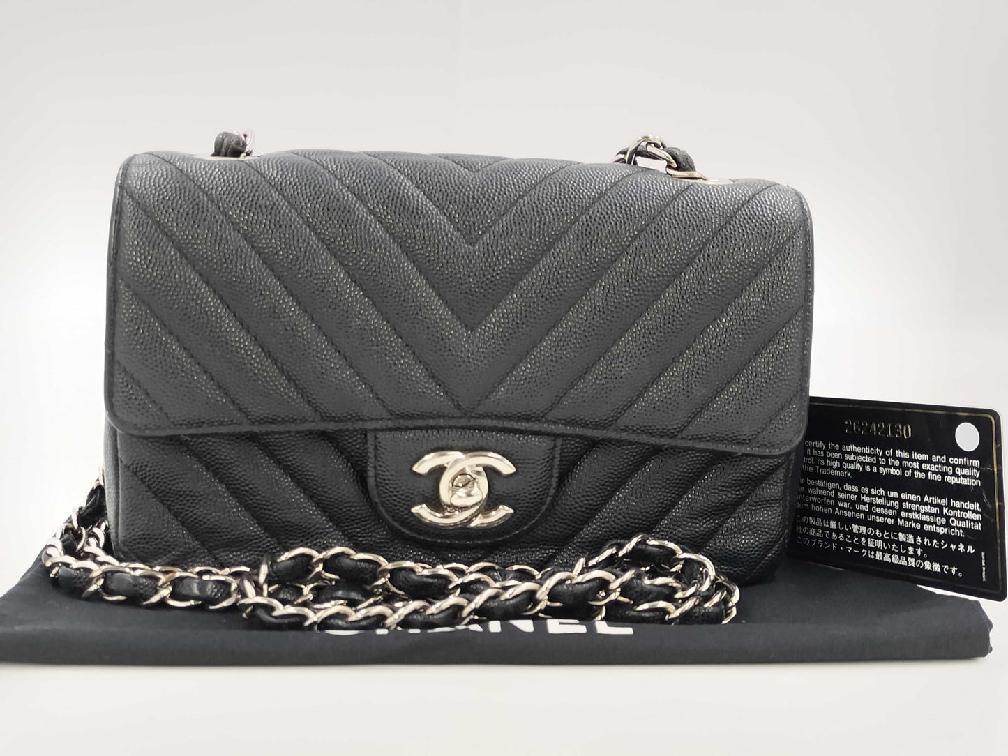 CHANEL Mini Matelasse V-Stitch Chevron Black G Hardware G Card Shoulder Bag