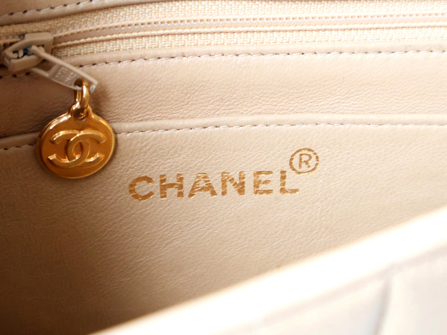 CHANEL Mademoiselle 19 Beige Lambskin Beaded Chain Shoulder Bag with Seal