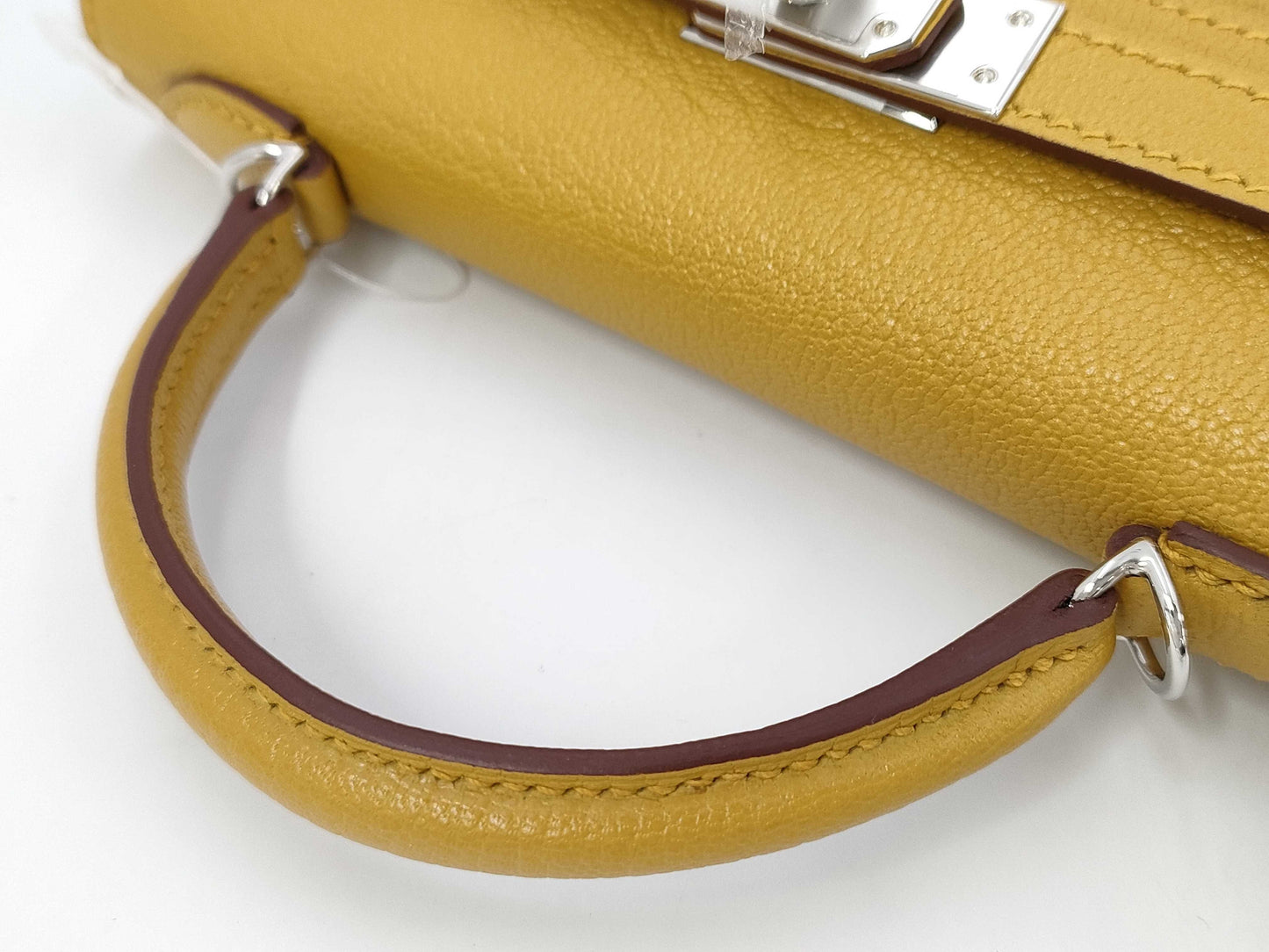 HERMES Mini Kelly Do Handbag, Chevre Jaune Ambre, Stitched, Silver Hardware, W Stamp, Hardware Seal