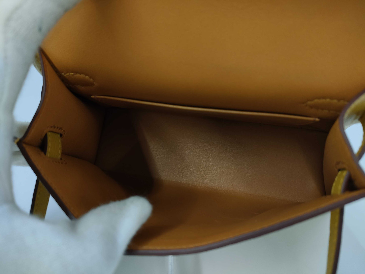 HERMES Mini Kelly Do Handbag, Chevre Jaune Ambre, Stitched, Silver Hardware, W Stamp, Hardware Seal