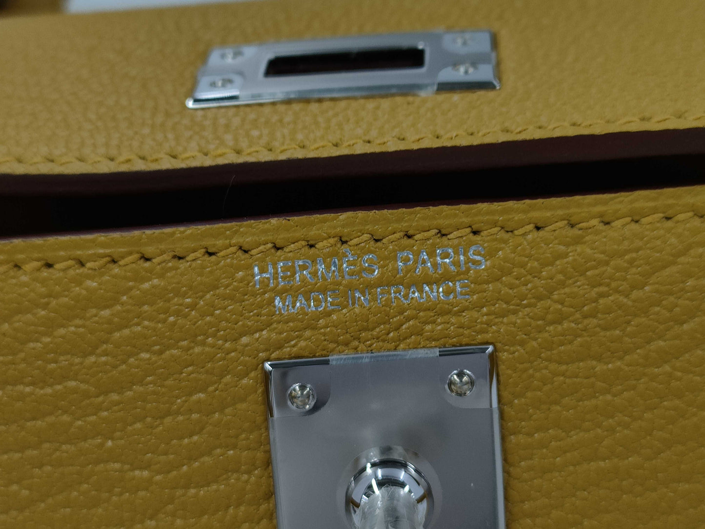 HERMES Mini Kelly Do Handbag, Chevre Jaune Ambre, Stitched, Silver Hardware, W Stamp, Hardware Seal