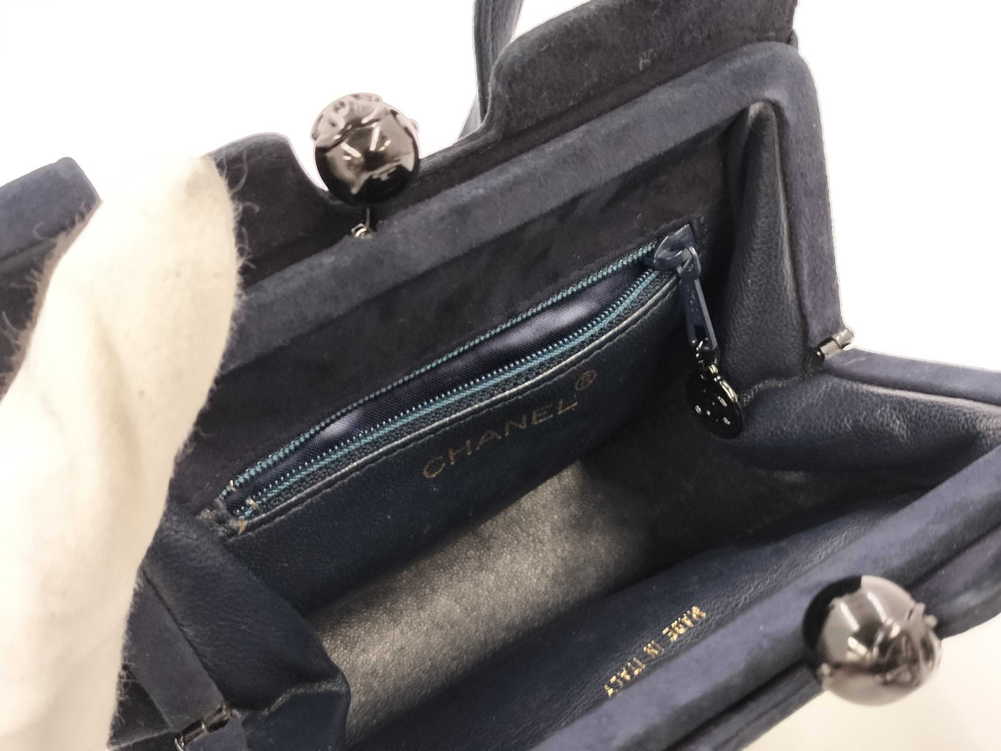 CHANEL Suede Clasp Handbag, Navy, No. 5