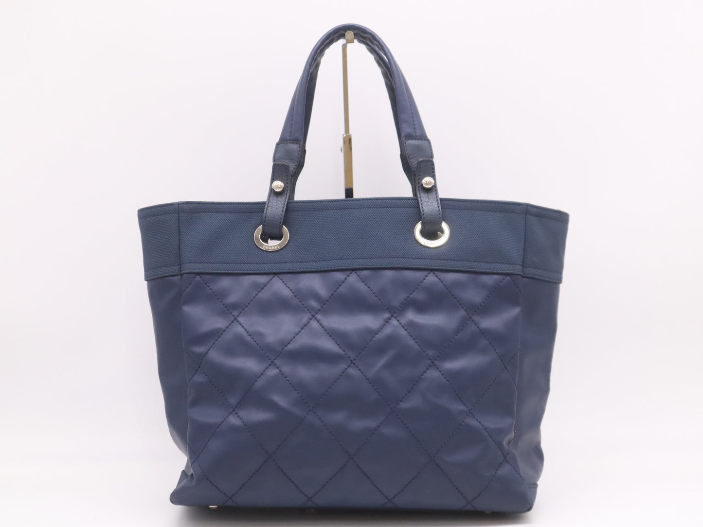 CHANEL Paris Biarritz Tote MM Leather Canvas with Silver Hardware, Navy Seal 15564244 Tote Bag