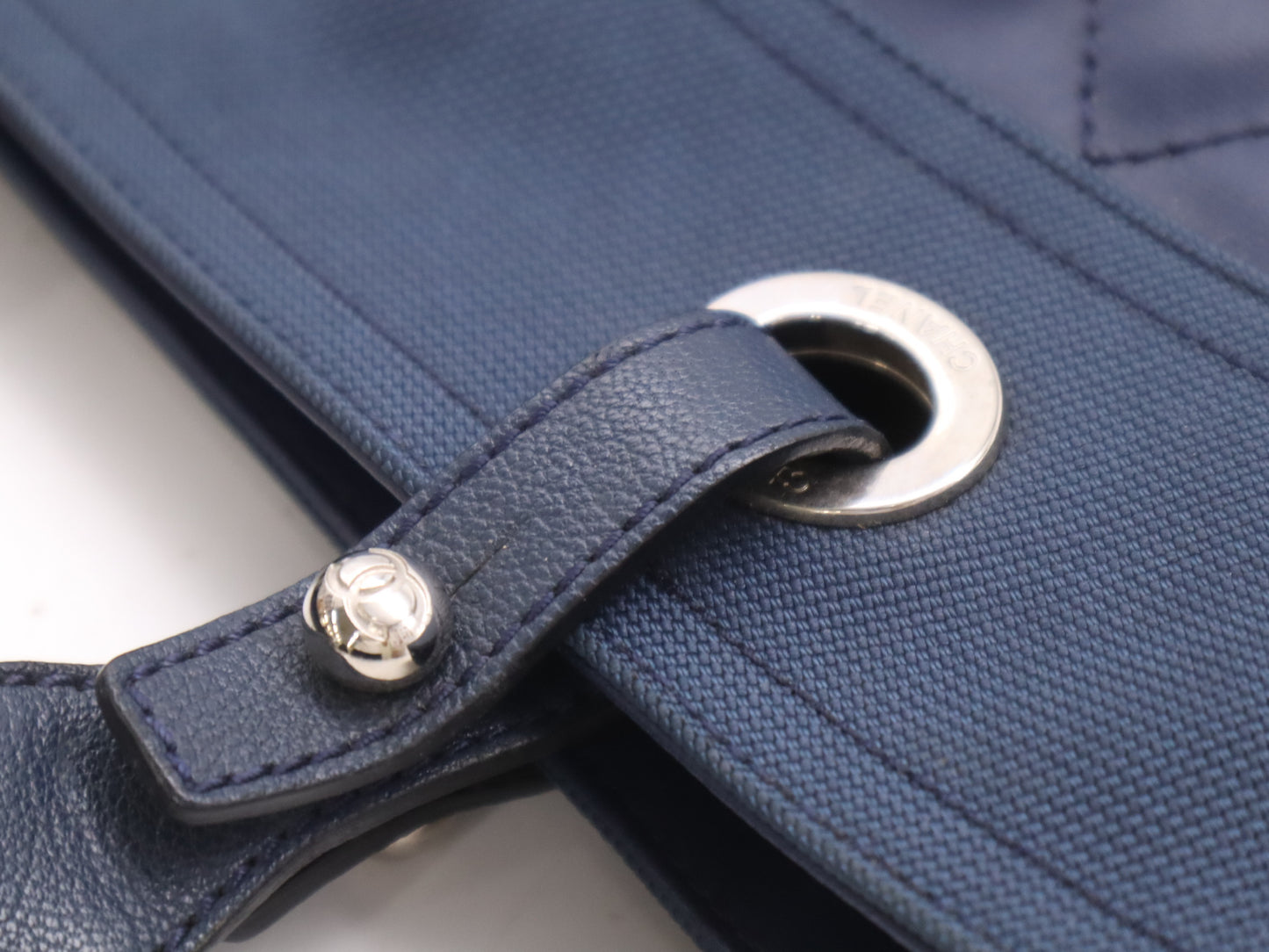 CHANEL Paris Biarritz Tote MM Leather Canvas with Silver Hardware, Navy Seal 15564244 Tote Bag