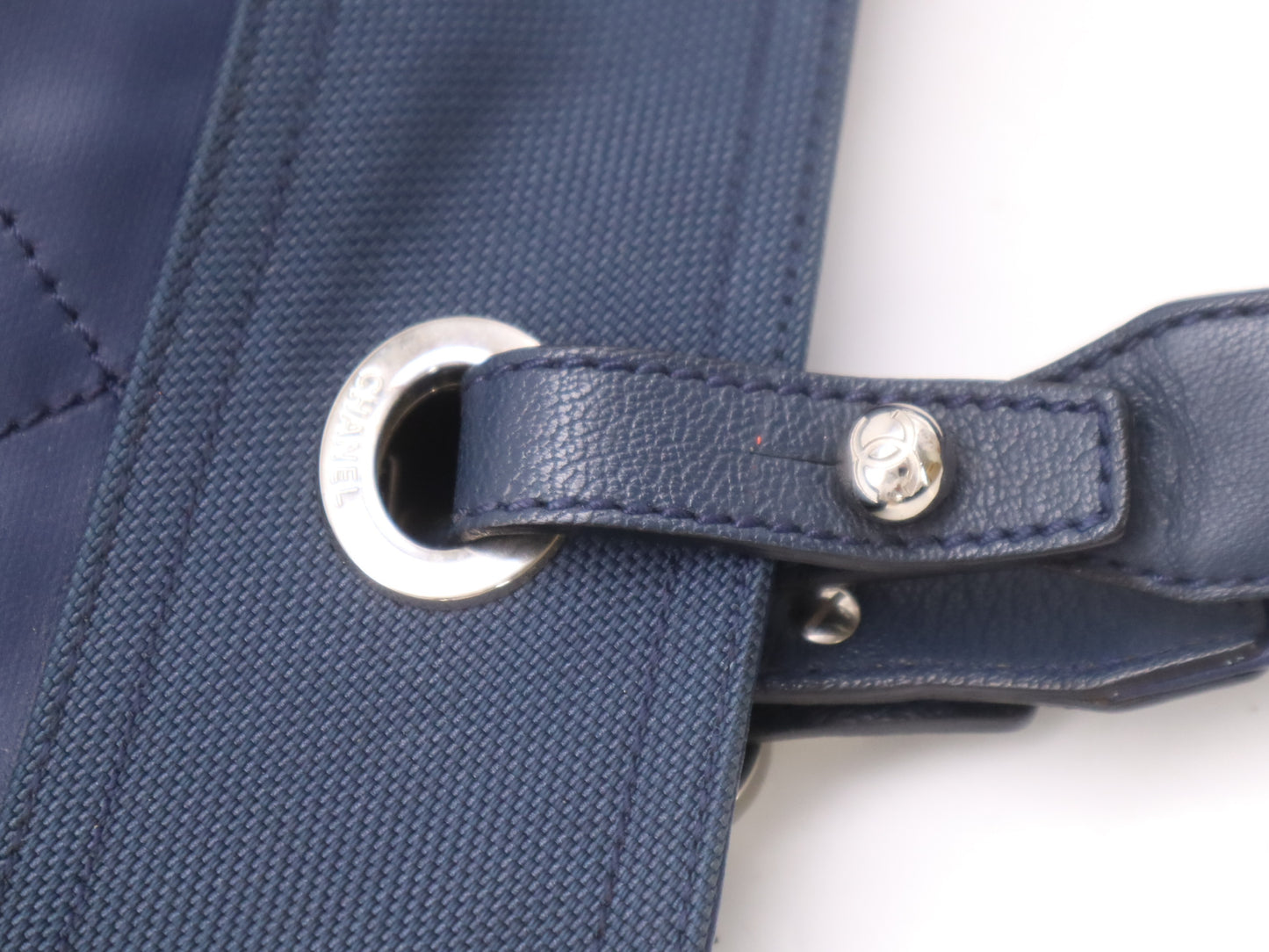 CHANEL Paris Biarritz Tote MM Leather Canvas with Silver Hardware, Navy Seal 15564244 Tote Bag