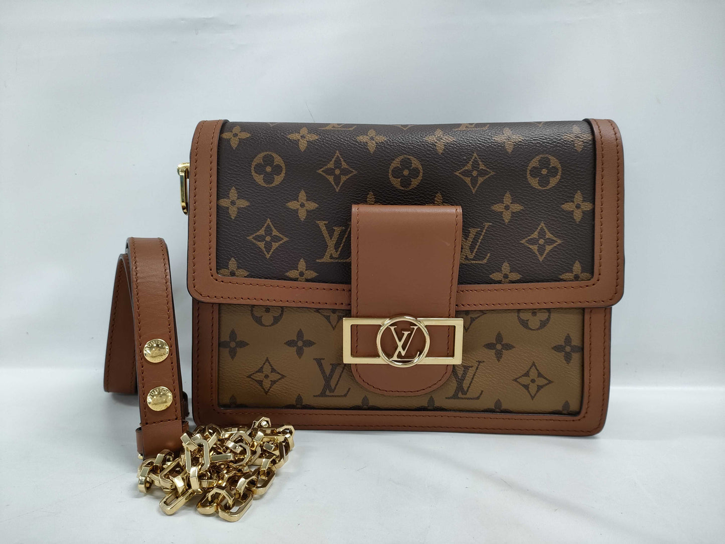 LOUIS VUITTON Dauphine MM Chain Shoulder Bag Monogram Reverse M45958 Brown Canvas with Gold Hardware FL0211 Shoulder Bag