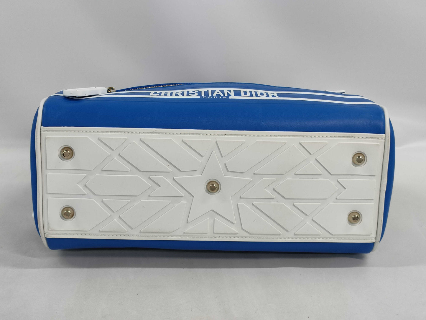 Dior VIBE Small Bowling Bag in Blue and White with Gold Hardware and Calfskin Leather.