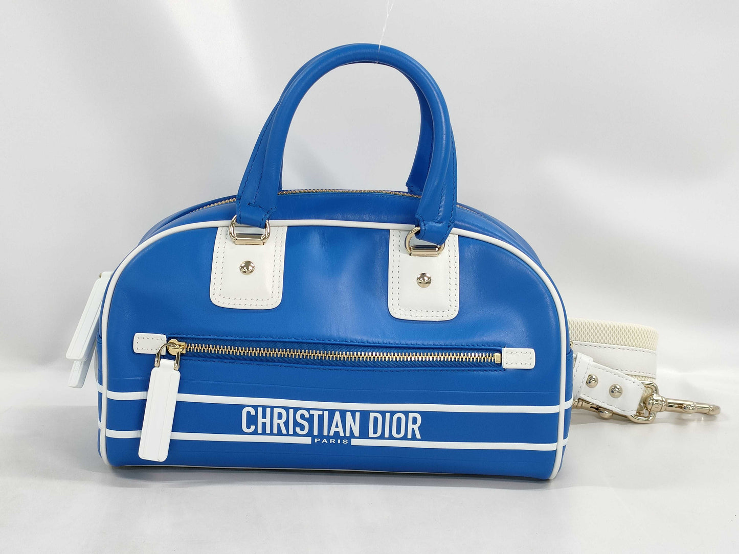 Dior VIBE Small Bowling Bag in Blue and White with Gold Hardware and Calfskin Leather.