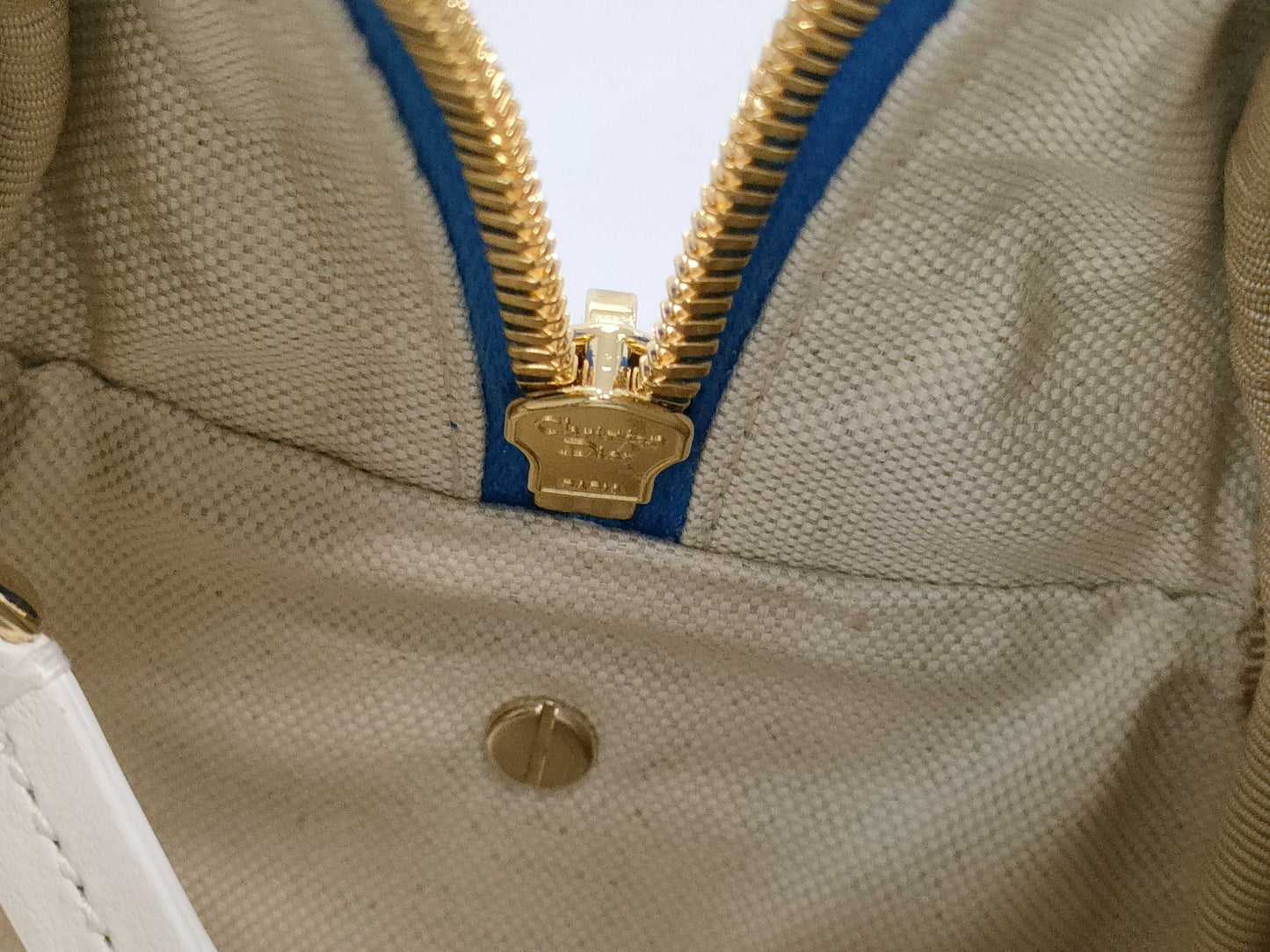 Dior VIBE Small Bowling Bag in Blue and White with Gold Hardware and Calfskin Leather.