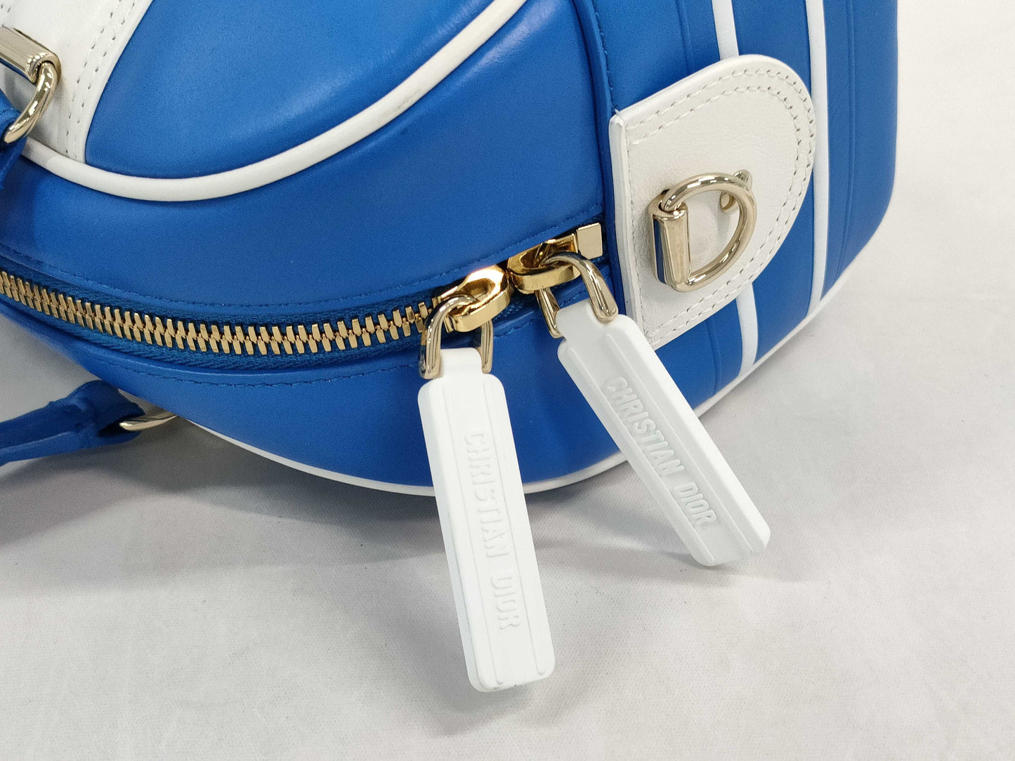 Dior VIBE Small Bowling Bag in Blue and White with Gold Hardware and Calfskin Leather.