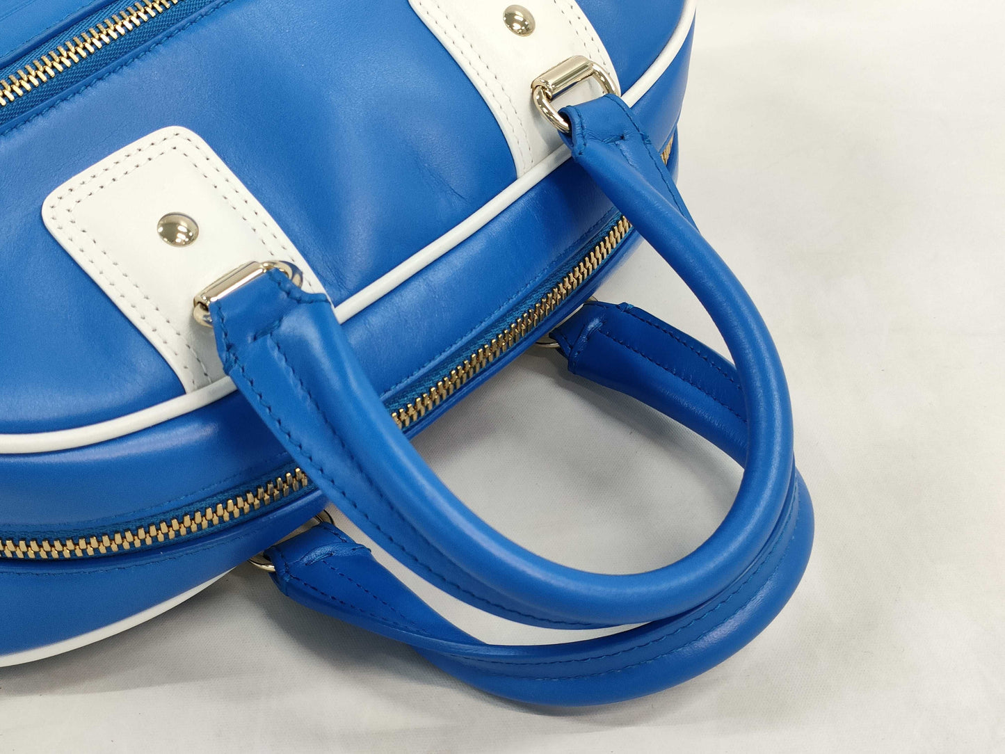 Dior VIBE Small Bowling Bag in Blue and White with Gold Hardware and Calfskin Leather.