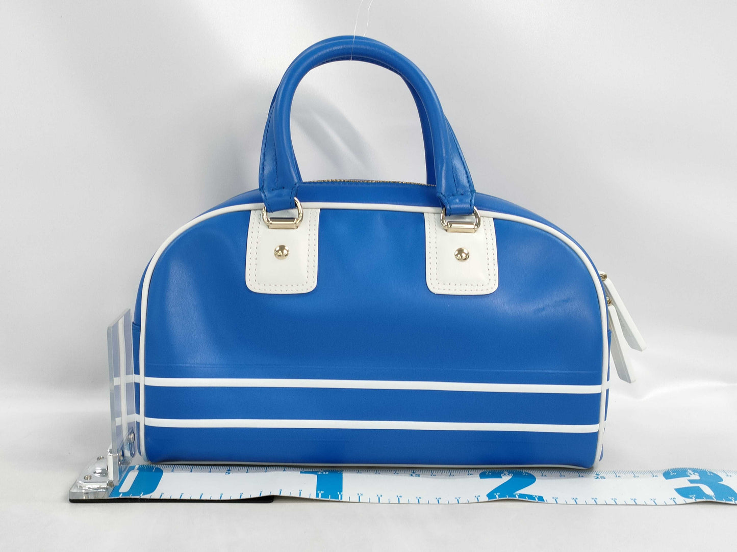 Dior VIBE Small Bowling Bag in Blue and White with Gold Hardware and Calfskin Leather.