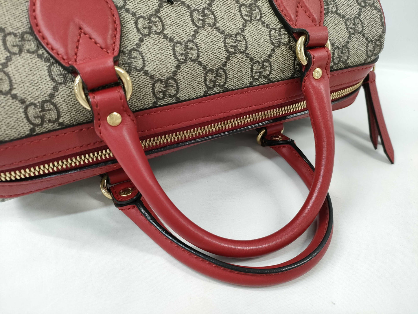 GUCCI GG Supreme PVC x Leather 2-Way Handbag, Beige x Red, 409529, Shoulder Strap, Shoulder Bag