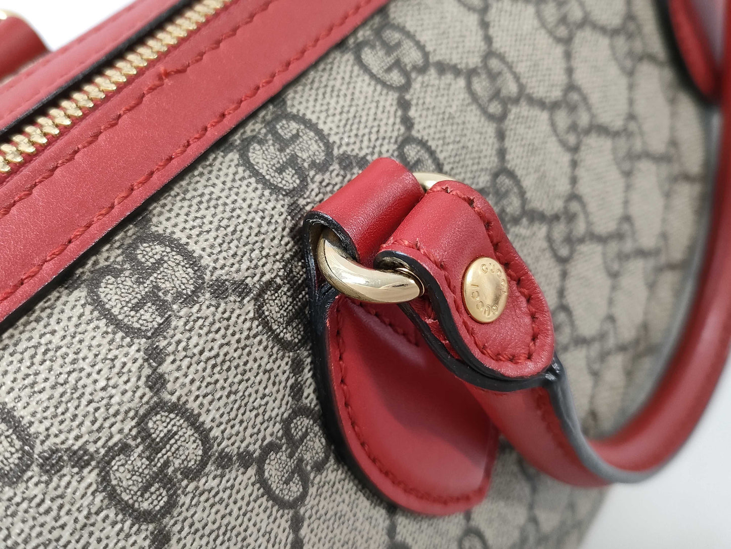 GUCCI GG Supreme PVC x Leather 2-Way Handbag, Beige x Red, 409529, Shoulder Strap, Shoulder Bag