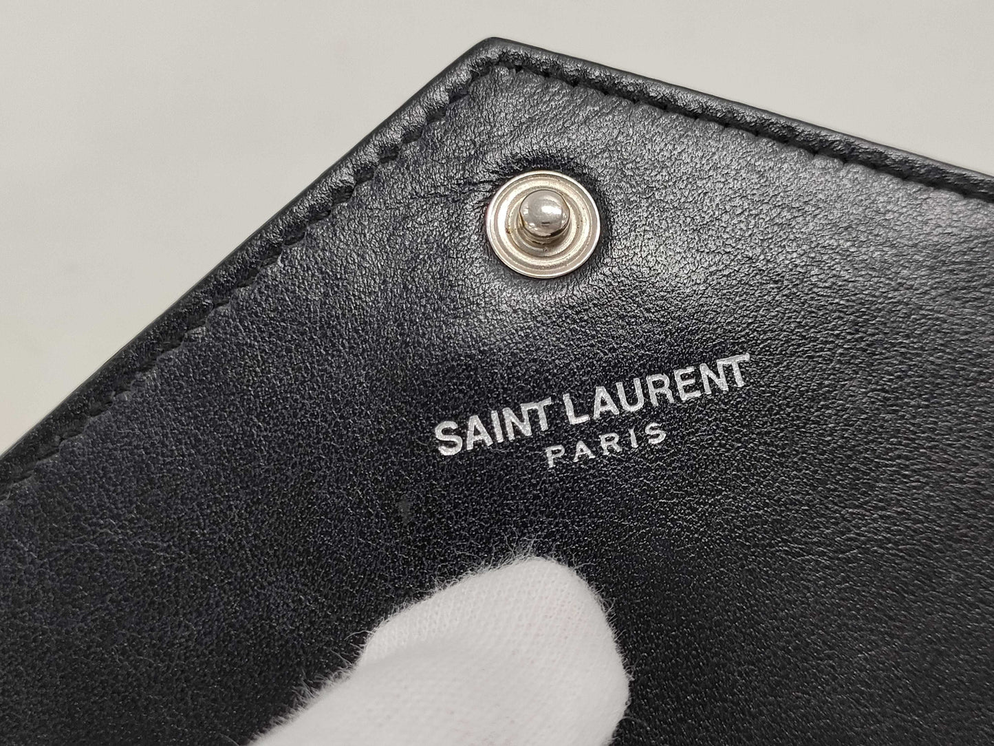 SAINT LAURENT Cassandra Envelope Stud Chain Wallet in Black Calfskin with Silver Hardware. Shoulder Bag.